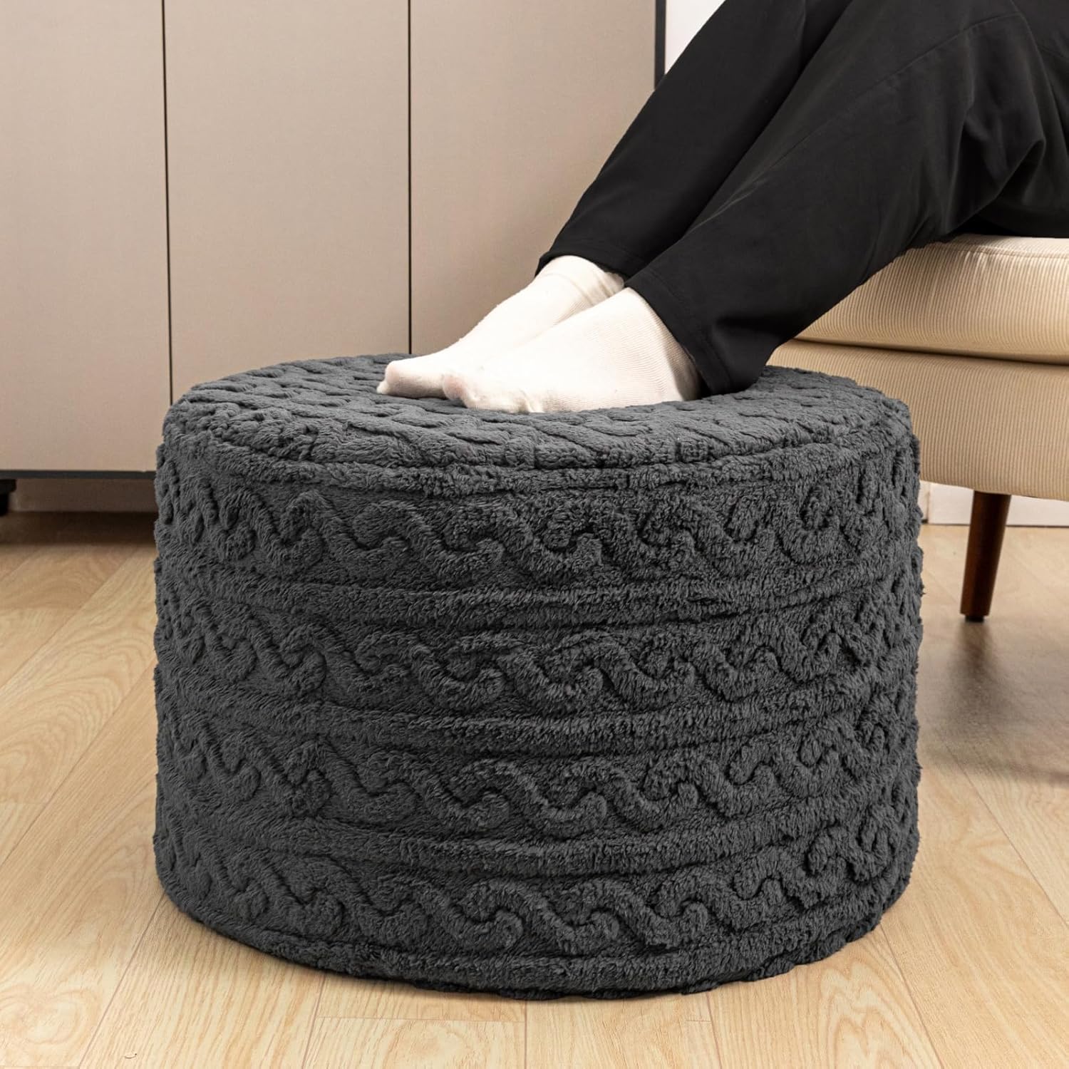 Round Plush Ottoman Pouf Stuffed– Fluffy Ottoman Foot Rest with Modern Foam Filler 20" x 14" Cozy Floor Pouf for Living Room & Bedroom (Gray)