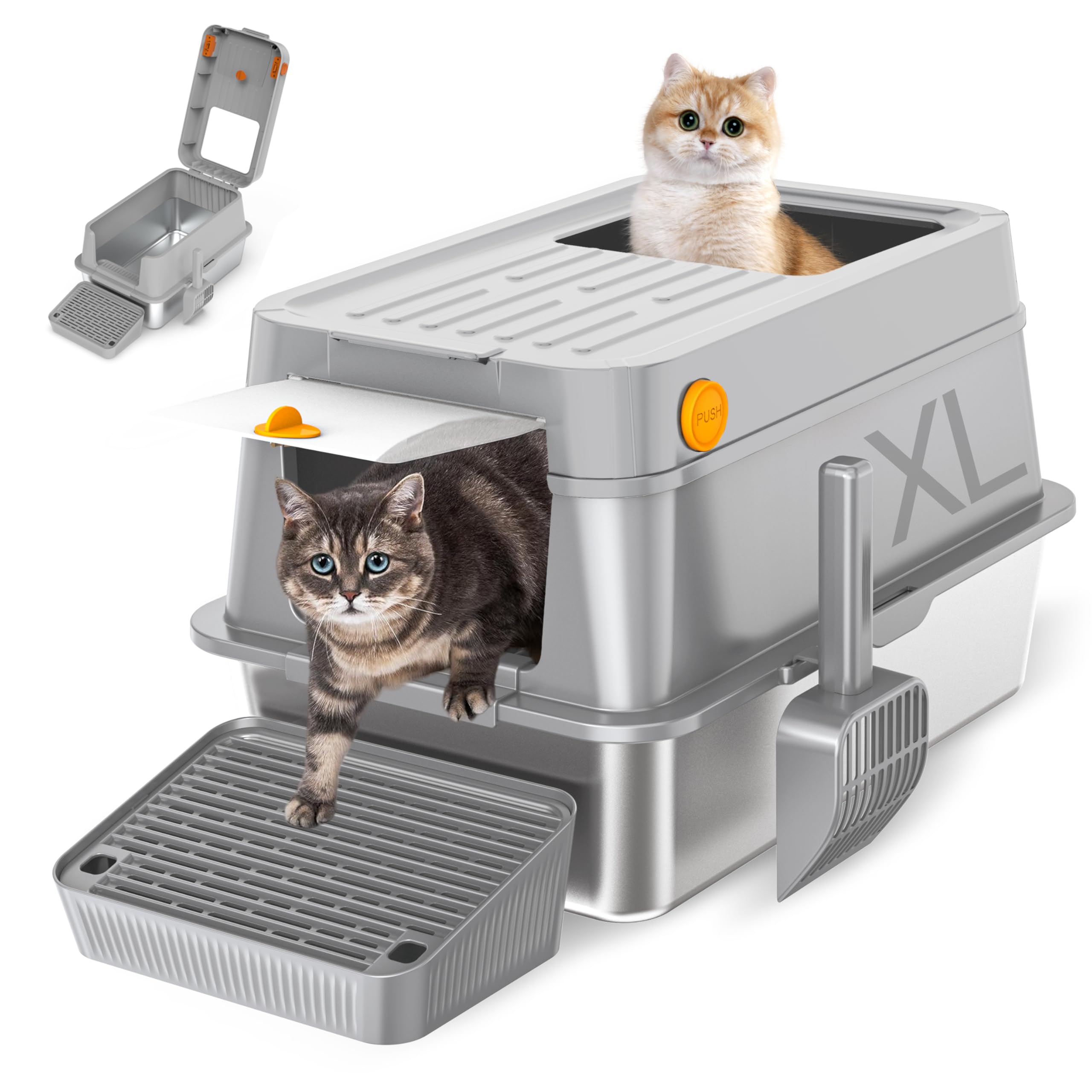 Mlzao 20L Stainless Steel Cat Litter Box with Lid, XL Enclosed Metal Litter Box with Hinged Flip-Top, Leakproof High Sides for Odor Control, Top/Front Dual Entry for Large Cats 24" &times; 15" &times; 16" - Grey