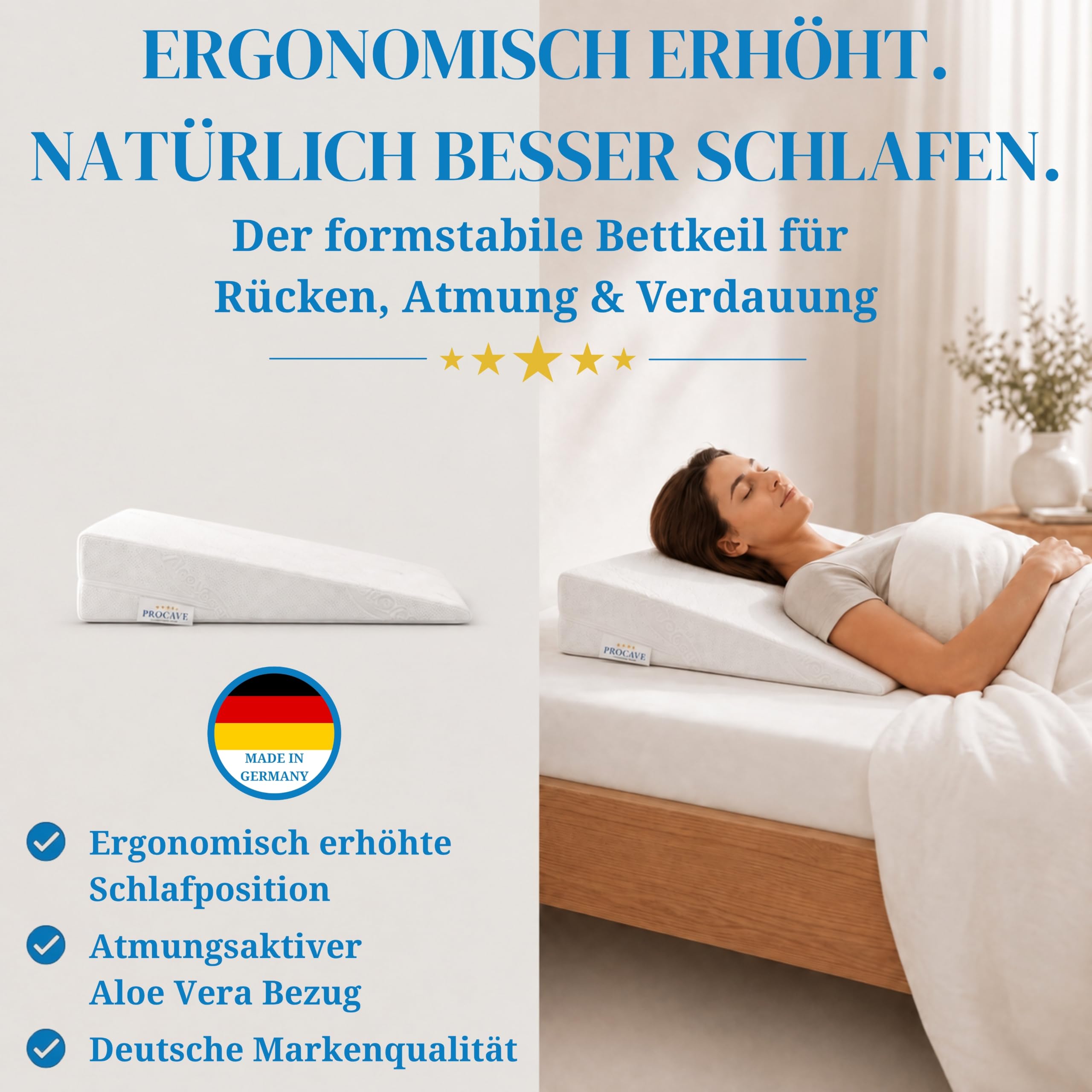 PROCAVE - Almohada de cuña con Funda, Funda de Doble paño de Aloe Vera, weiß, 90 cm