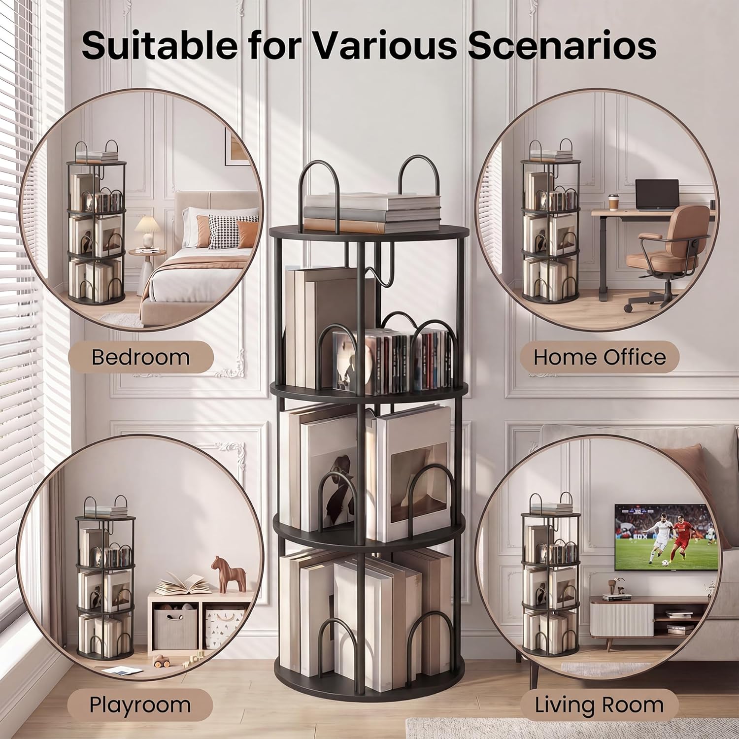 3 Tier Rotating Bookshelf, 360° Spinning Bookshelf Tower, Narrow Corner Book Shelf, Revolving Bookcase Corner Tall Book Shelf for Small Spaces, Bedroom, Living Room, Black