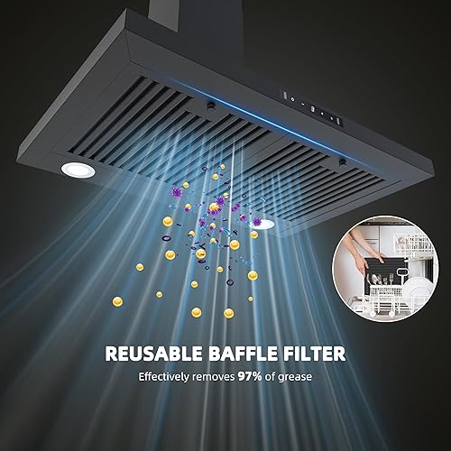 Miniatura 6 de FIREGAS Campana extractora negra de 30 pulgadas, 450 CFM de montaje en pared con convertible, sin conductos, control de detección de gestos y