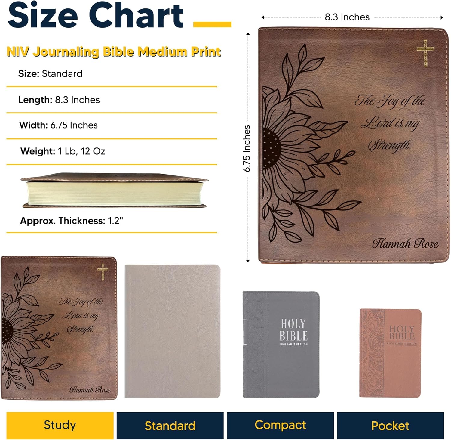 Custom NIV Bible Faux Leather Lay Flat Cover | Medium Print | Engraved with Custom Name and Full Cover Sun Flower Design | Gift for Christian & Religious Celebrations | Brown
