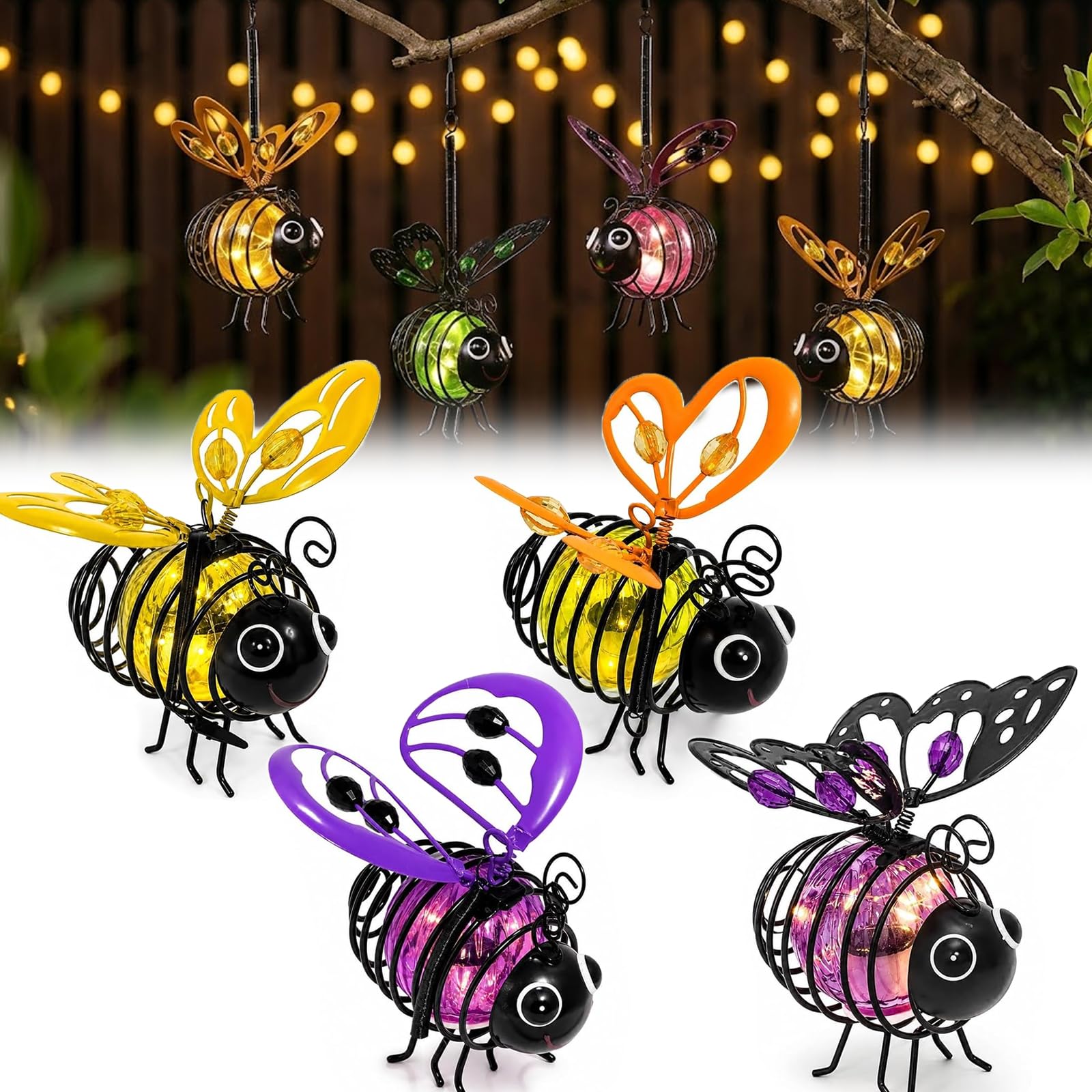 Solar-Powered Hanging Bee Light for Garden, Flicker-Free, Waterproof，4pcs A