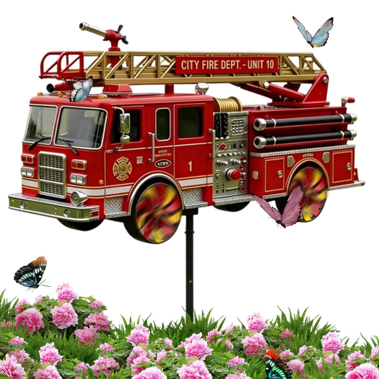 Sculpture décorative de camion de pompiers à moulinets en métal stable pour cour et ferme