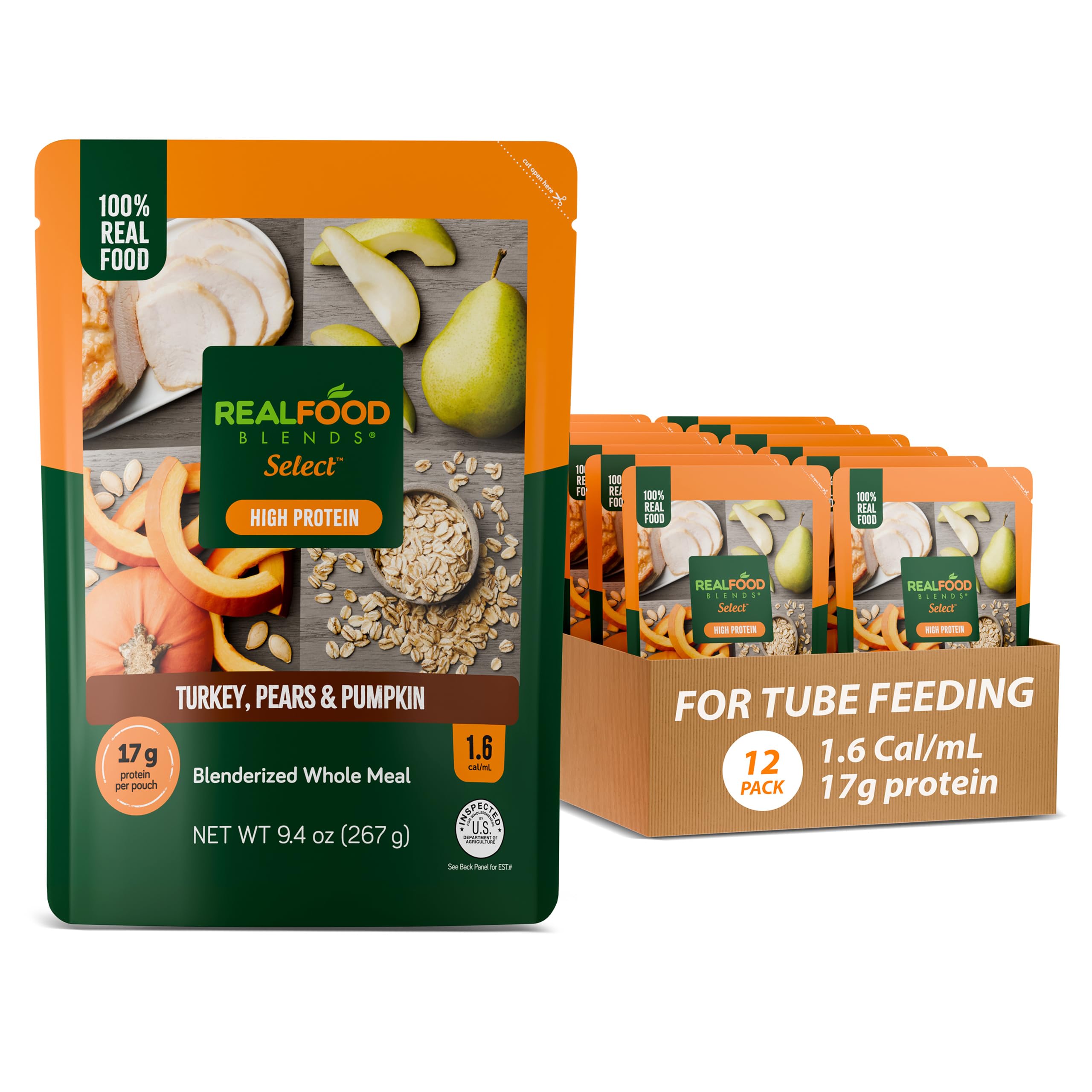 Select Turkey, Pears & Pumpkin – Pureed Food Meal for Feeding Tubes, 9.4 oz Pouch (Pack of 12 Pouches)