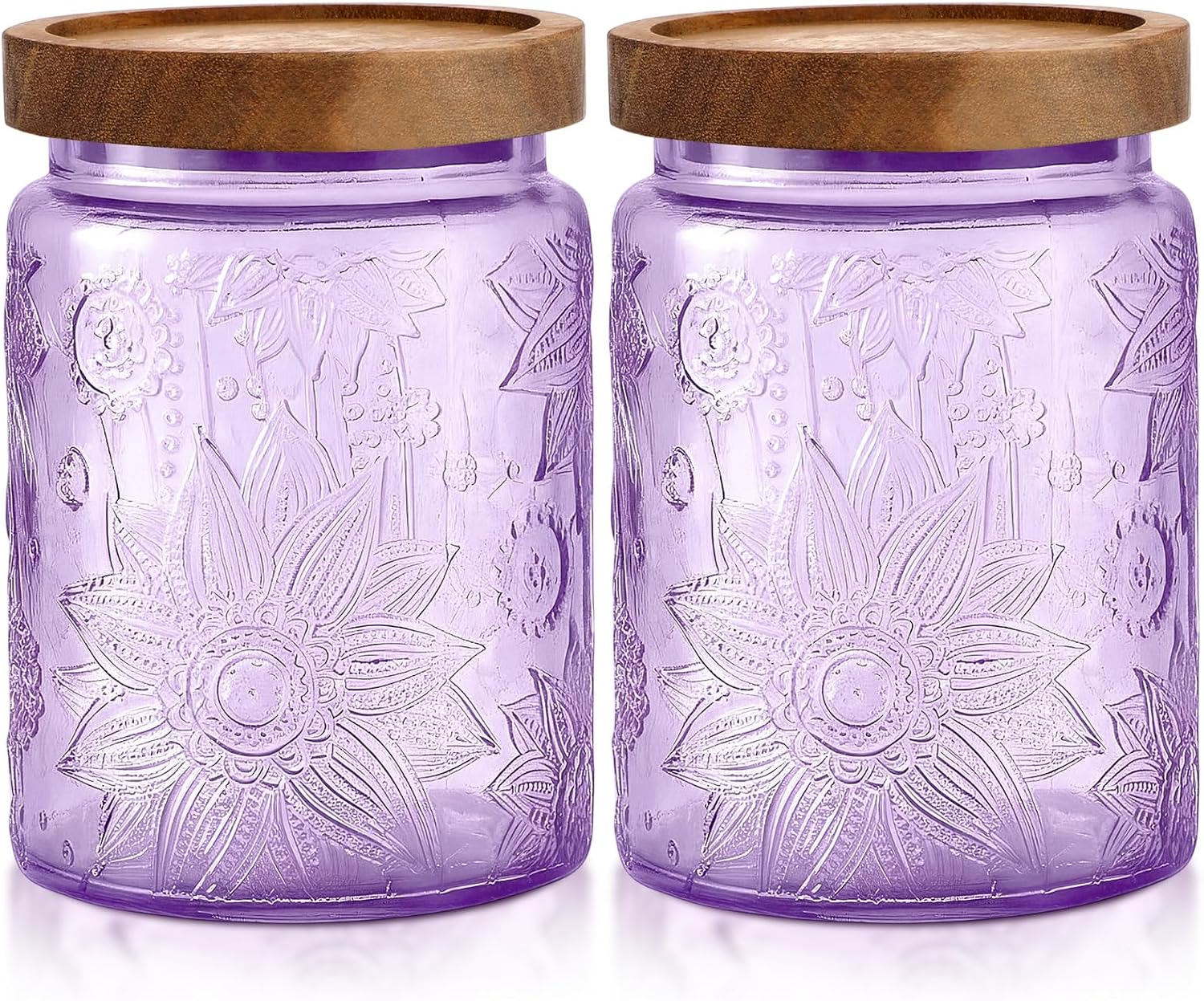 LemonRoad 4 Pcs Vintage Purple Glass Storage Jars 23.7 oz Mason Jar Canister with Wood Lids Food Storage Container for Cookie, Pantry, Candy Kitchen, Coffee, Tea, Flour, Sugar, Decorative Home Decor