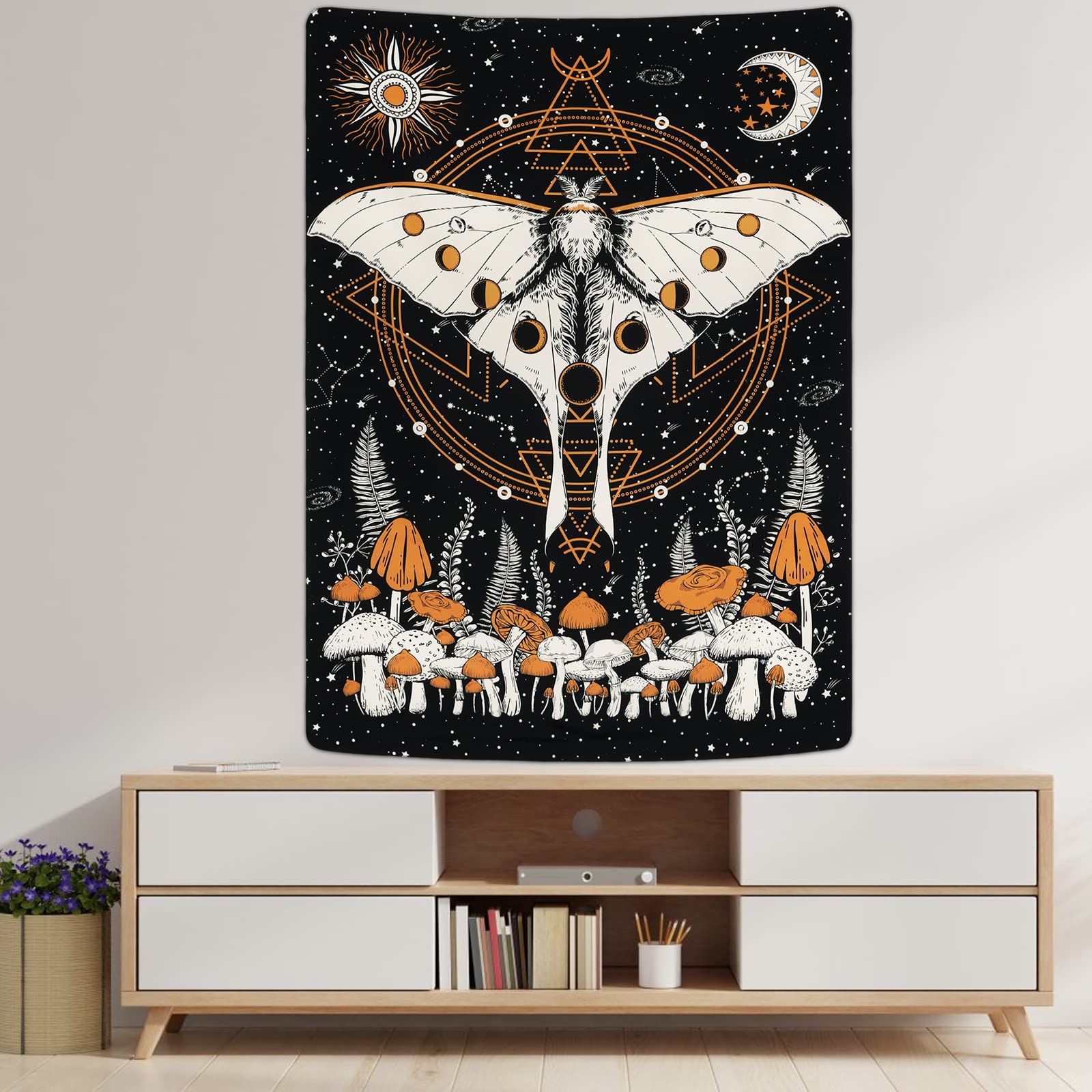Tapiz De Pared Decorativo Yrendenge – Diseño Hongos, Sol, Ojos, 210x150 Cm, Poliéster, Fácil De Colgar