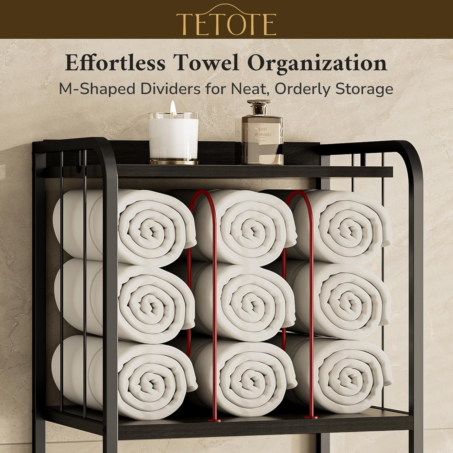 TETOTE 4-Tier Towel Rack for Bathroom M-Shaped Detachable Dividers & Hooks, Free Standing Towel Holder Bathroom Towel Storage Organizer for Pool, Kitchen, Laundry, Black