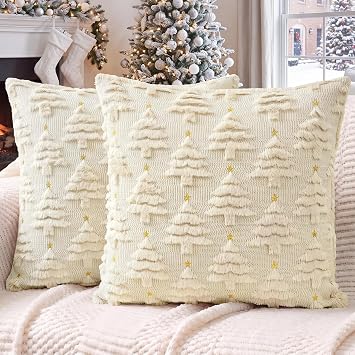 Softalker Christmas Pillow Covers 16x16 Set of 2, Beige Xmas Tree Decor
