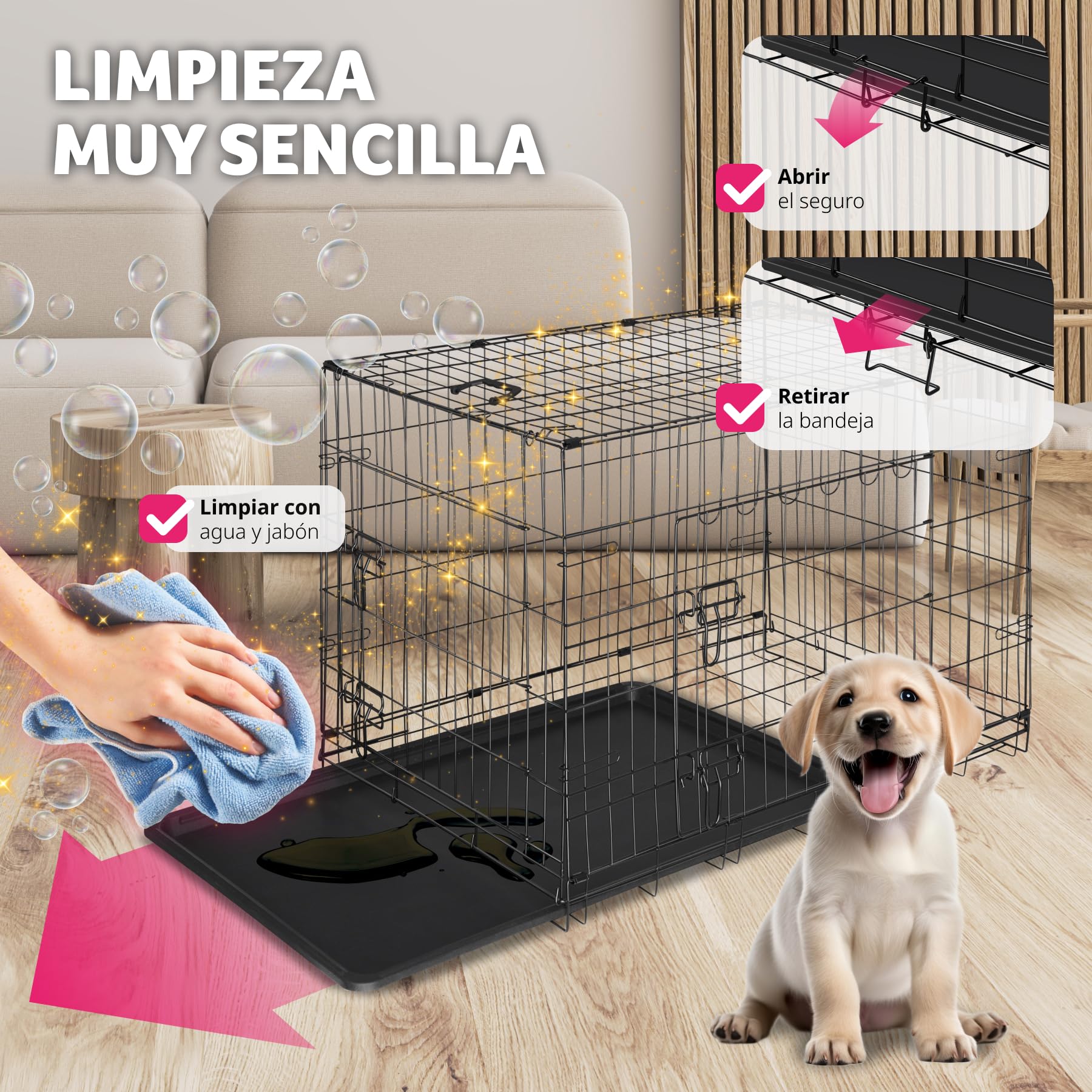 tectake® Jaula para Perros Plegable 108 x 71 x 76 cm con 2 Asas de Transporte, Resistente, Plegable Doble Puerta con Cierre y Bandeja Extraíble, Transportin Mediano Perro, Fácil Limpieza - L
