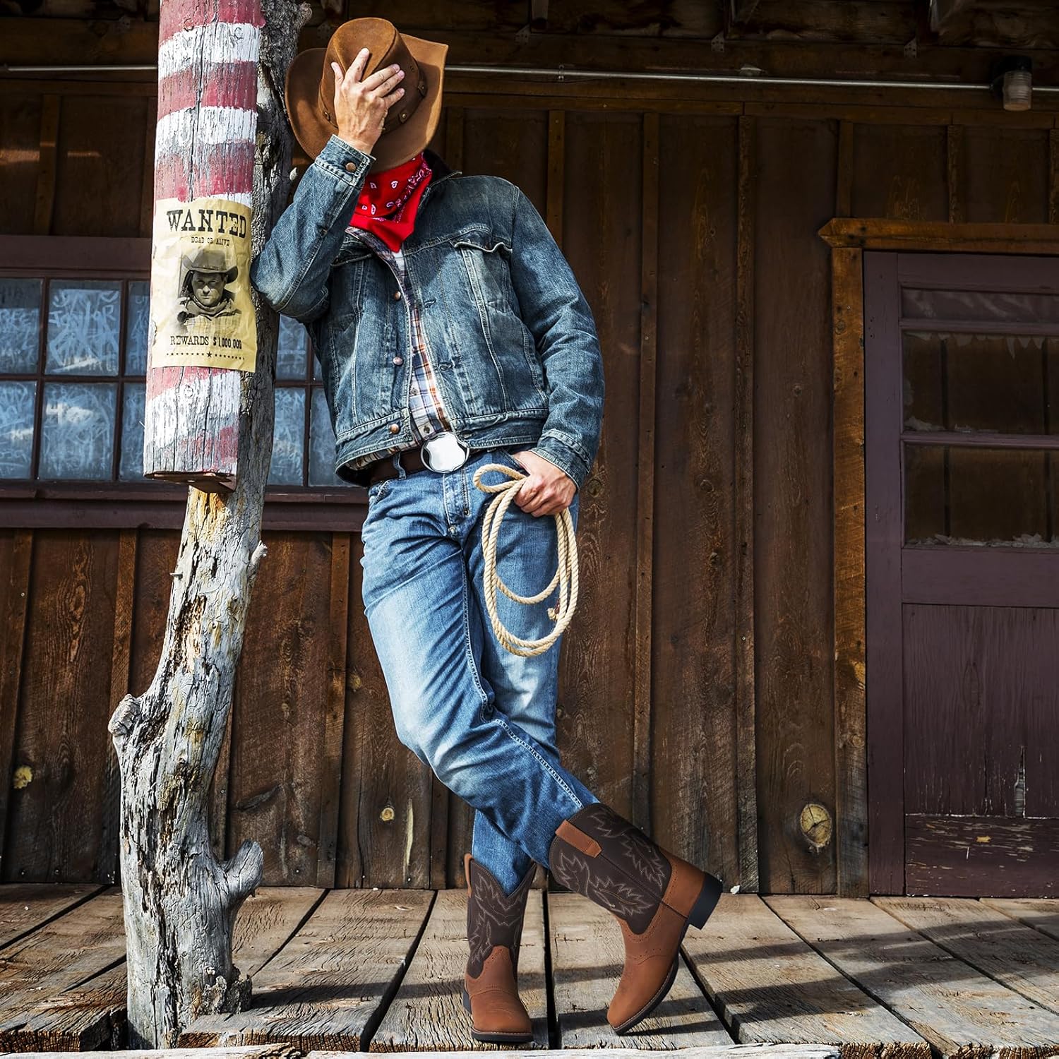 Rollda Leather Cowboy Boots for Men Western Boots Square Toe Chunky Heel Mid-Calf Boots Classic Embroidered with Pull On Tabs - Image 2