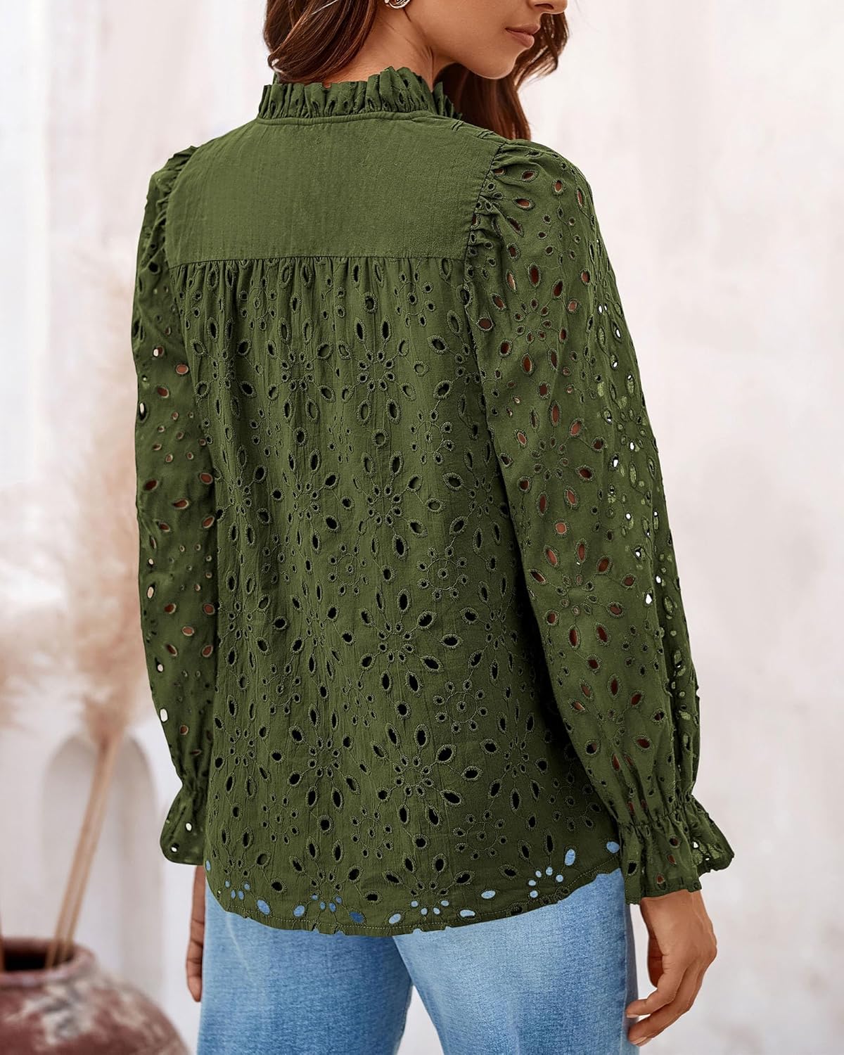 PRETTYGARDEN Women's Dressy Casual Blouse Tops Fall Spring Puff Long Sleeve Button V Neck Hollow Out Lace Embroidered Shirts - Image 2