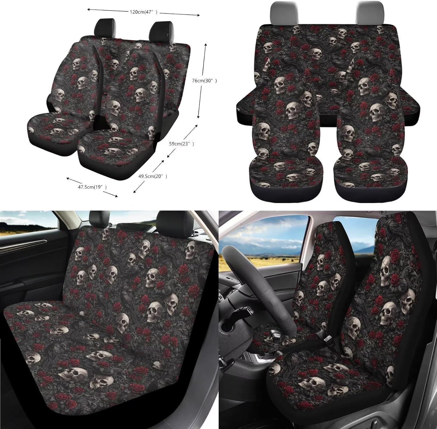 12 Pcs Car Seat Cover Full Sets for Women Men, Skull Rose Print High Back Cars Front Rear Seat Cushion Protector with 15 Inch Steering Wheel Cover Armrest Pads Seatbelt Pads Coaster Keychain