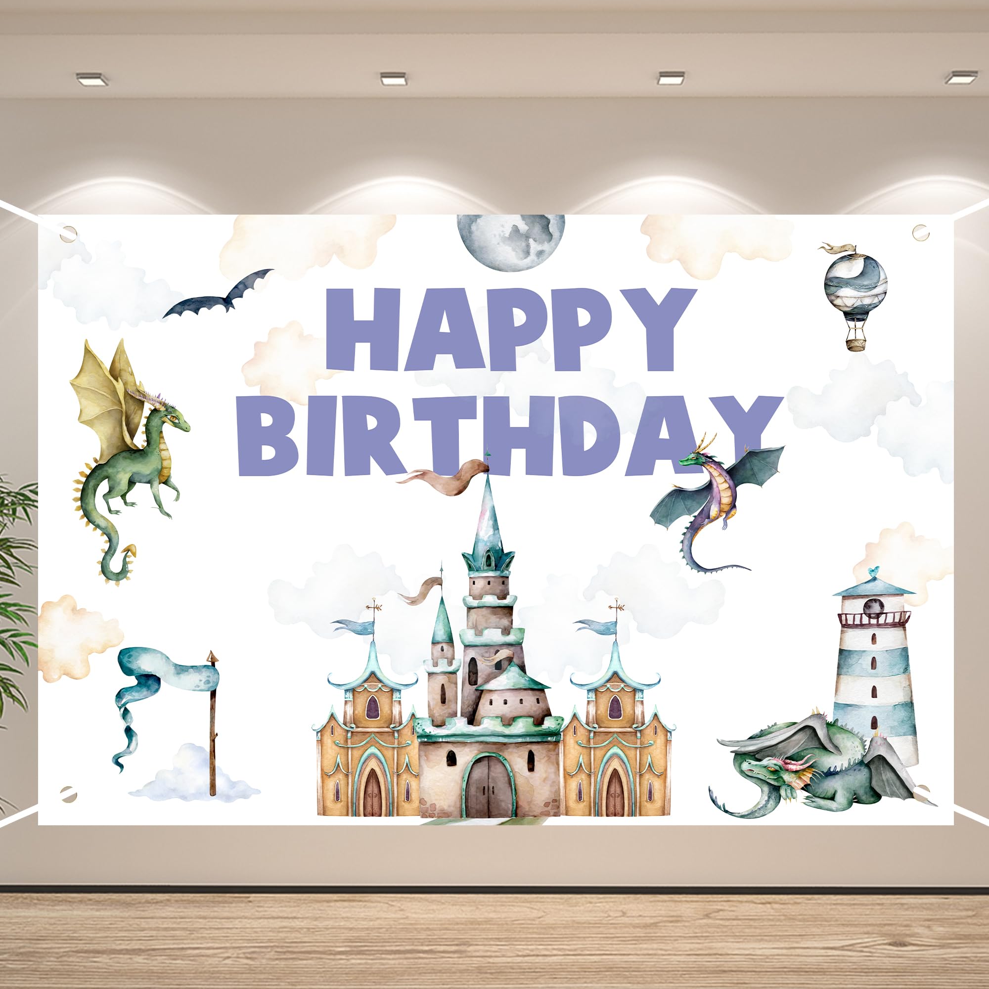 Dragon Happy Birthday Banner Backdrop Watercolor Castle Flying Magic Dragon Egg Theme Background for Boy Girl Newborn Baby Shower Birthday Party