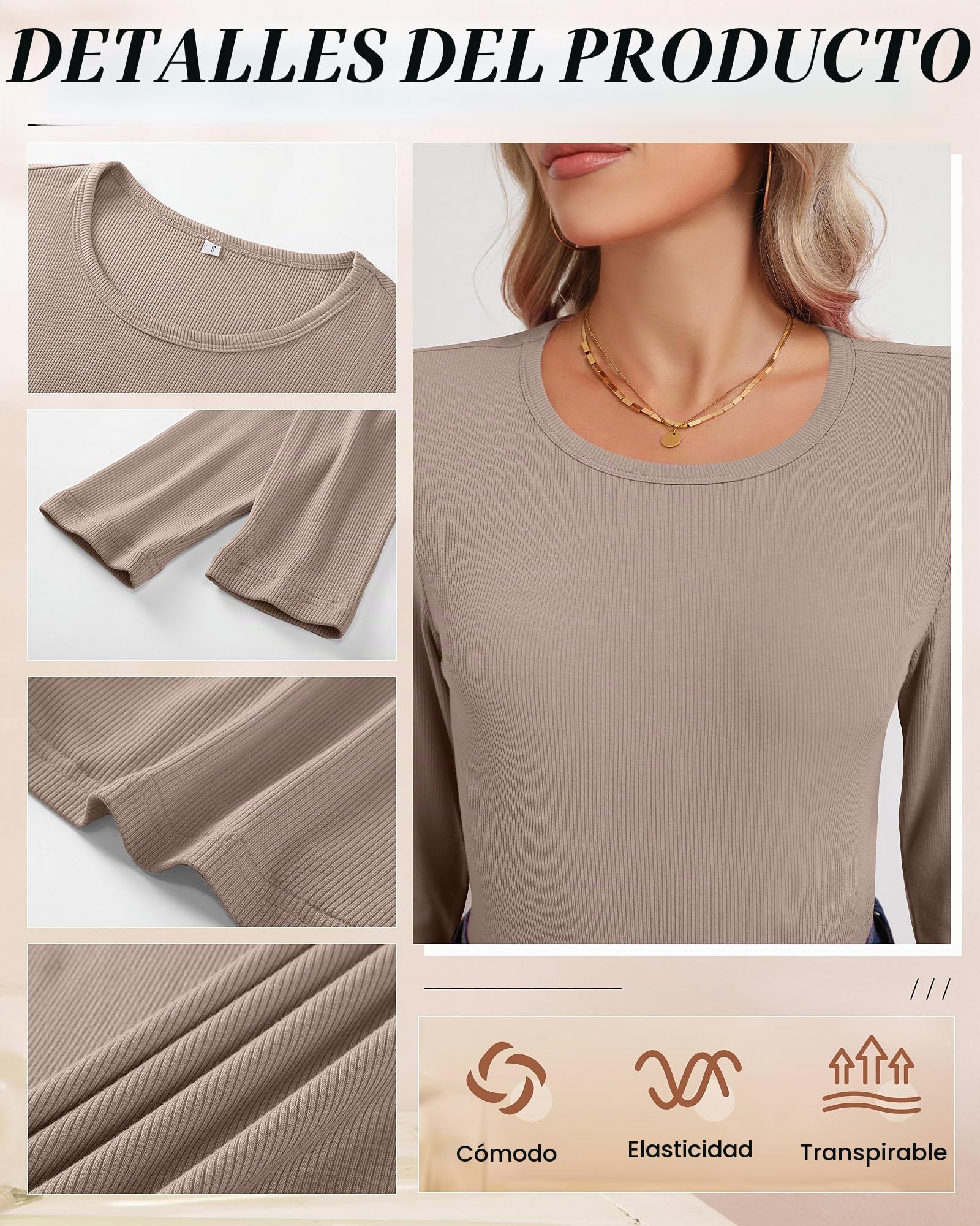 Ficerd Paquete de 3 Camisetas Interiores Elásticas de Manga Larga con Cuello Redondo y Tejido Acanalado para Mujer | Camiseta interior de cuello redondo, ajustada, básica de punto, casual de verano, camiseta elástica en capas