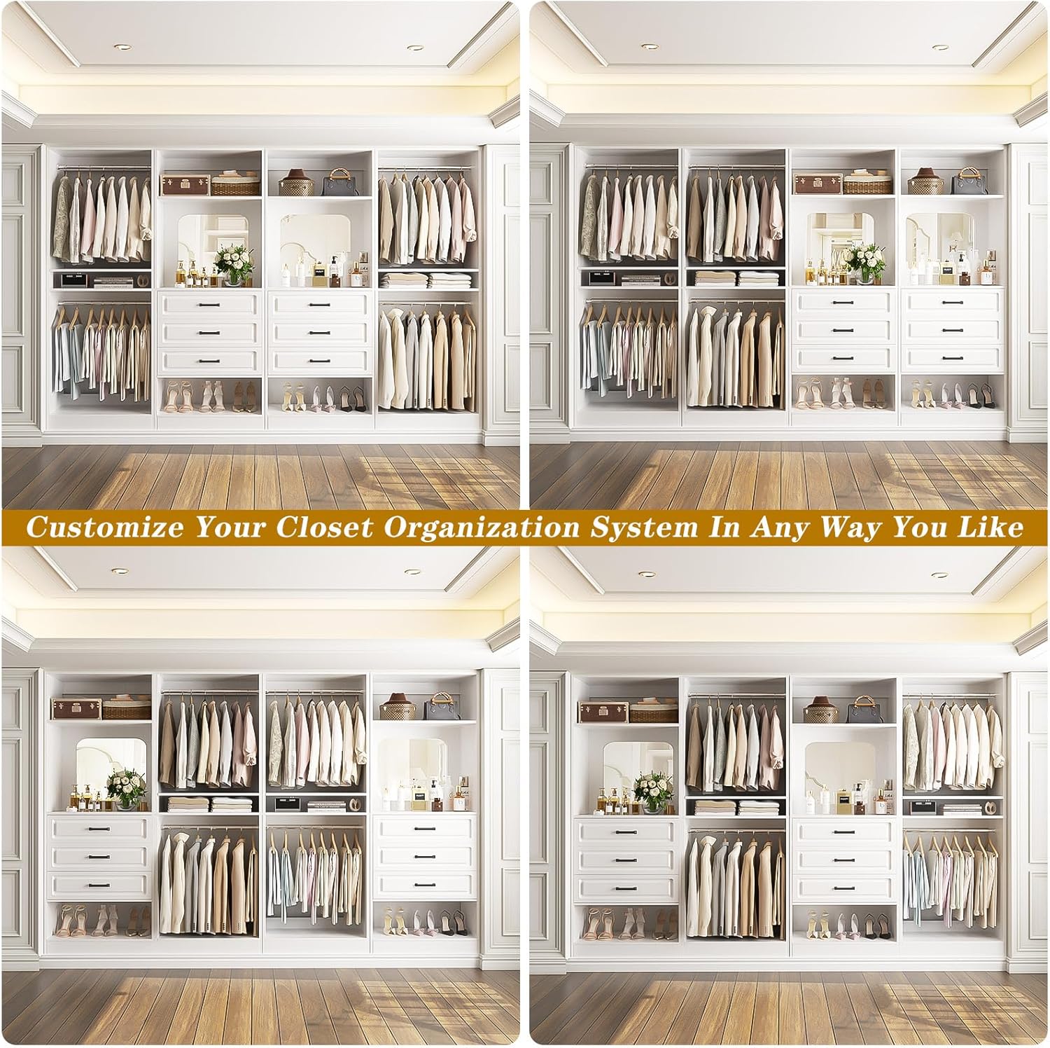 Unikito Closet System with Drawers, 100” Wood Closet Organizer with Hanging Rods and Mirror, Large Walk in Wardrobe Garment Rack with Adjustable Shelves, Sturdy Freestanding Closet Tower, White