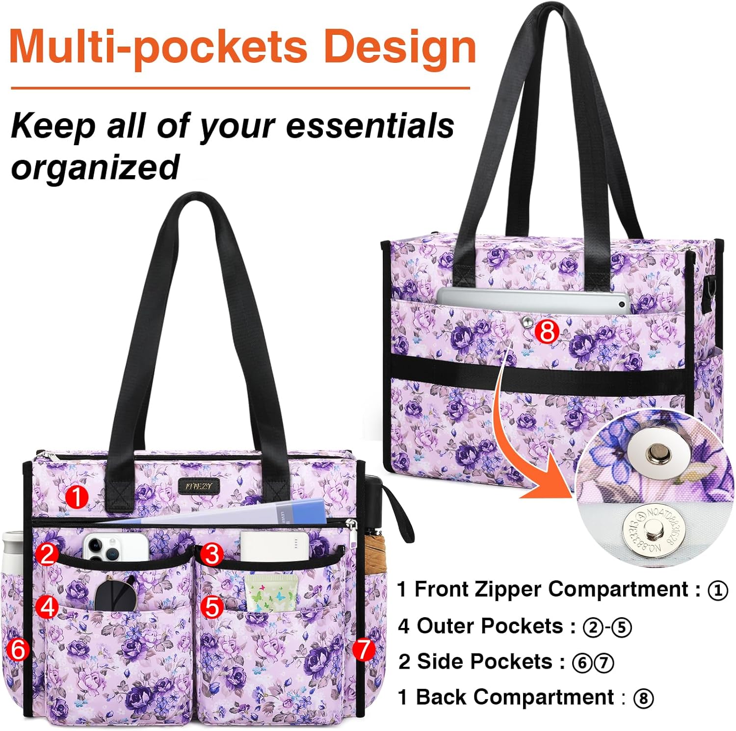 ITIEZY Utility Tote Bag for Women with 15/18 Pockets - Large Teacher Tote Bag with Zipper Compartment Nurse Bags for Work - Image 4