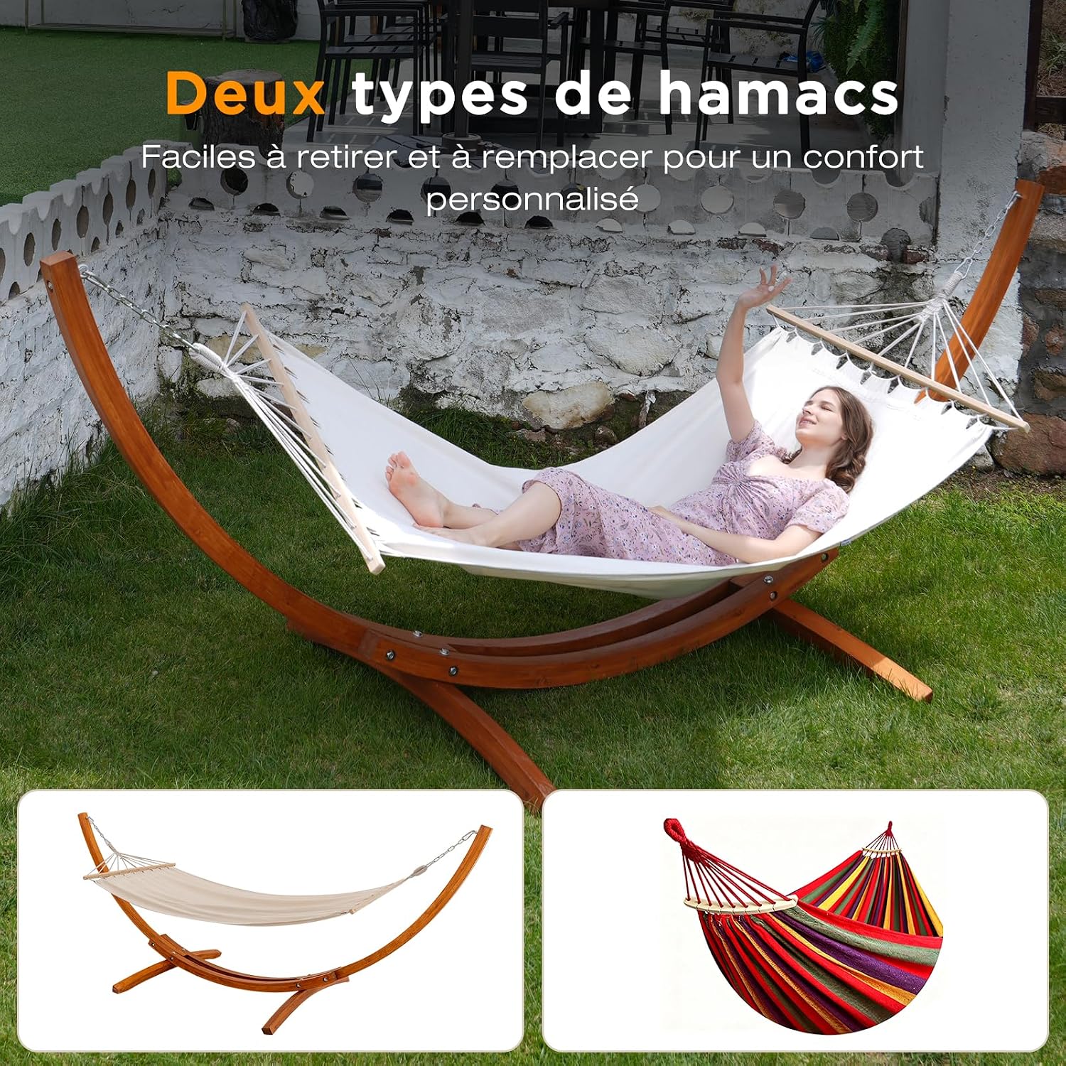 Image showing the HOMAVO hammock with two interchangeable hammock fabric options, one white and one multi-colored, emphasizing personalized comfort.
