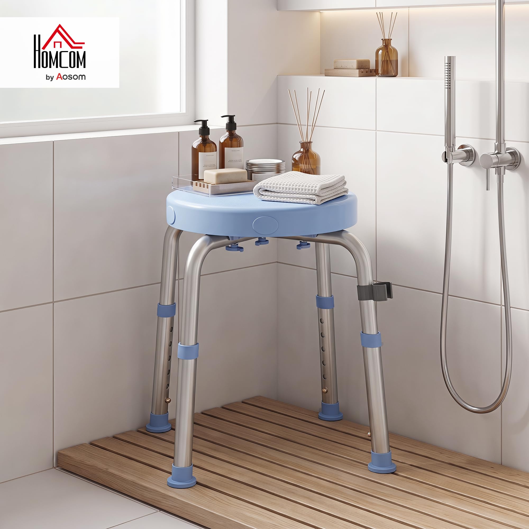 HOMCOM Silla Ducha Personas Mayores Giratorio 360° con Marco Aluminio | Taburete Ducha, Altura Regulable 5 Niveles, Antideslizante, Silla de Baño, Montaje Sin Herramientas, Carga 136 kg