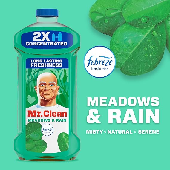 Mr. Clean All Purpose Cleaner, Floor Cleaner for Mopping Home, Bathroom, Kitchen, Cleaning Liquid for Mop & Bucket, Cleaning Supplies, Multi-Surface Dilutable, Meadows & Rain, 41oz