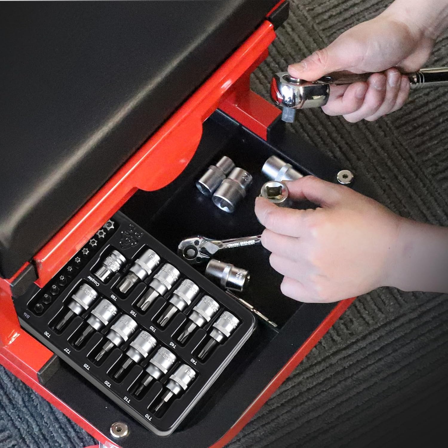TOPLINE 34-Piece 1/4”& 3/8” Drive E-Torx Socket Set and Torx Bit Socket Set, with Storage case, Premium CR-V Steel, E4-E20, T10-T60, for Mechanic and Home Repair