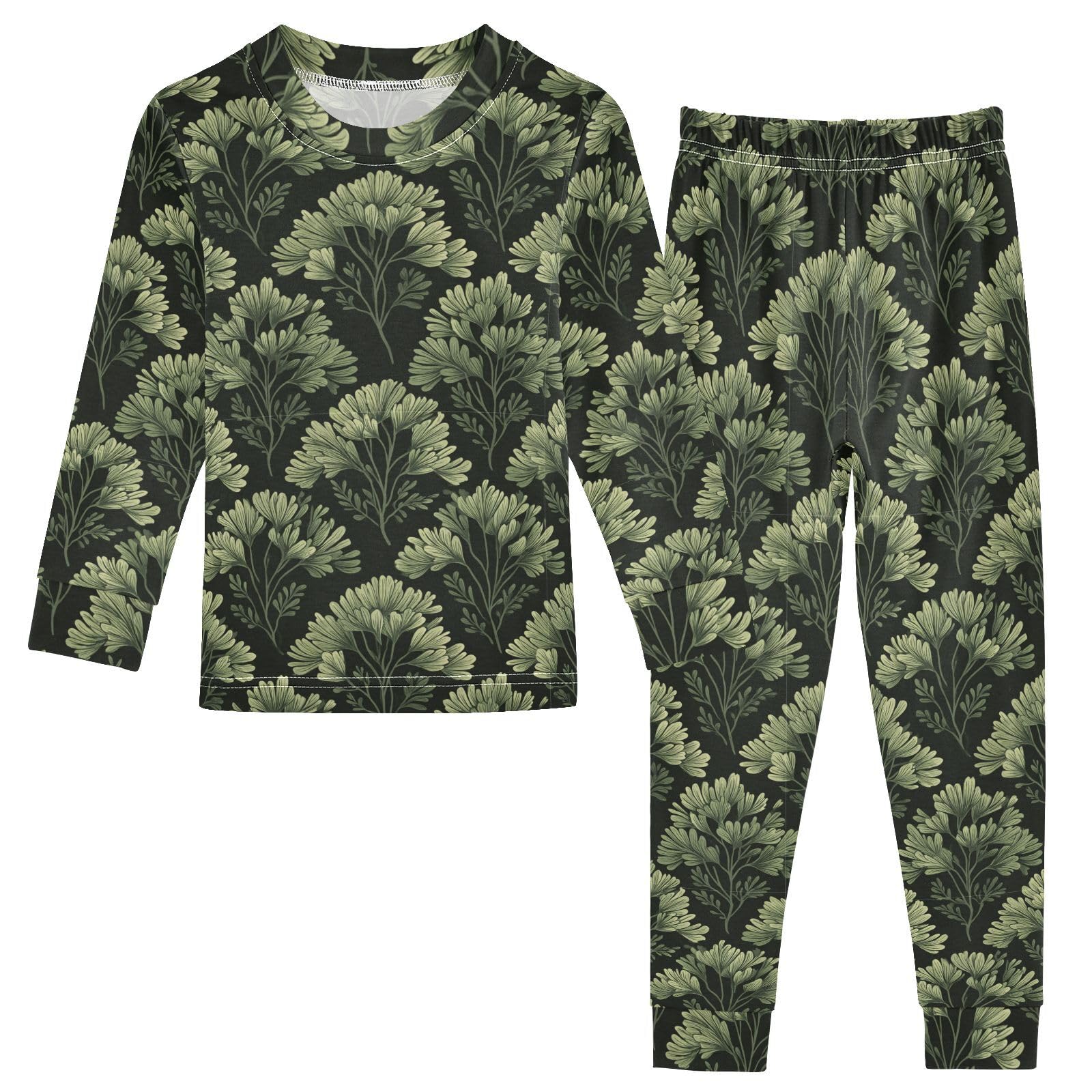 Boccsty Sage Green Botanic Fern Leaves Pajama Sets 2 Piece Long Sleeve PJs Set Comfy Sleepwear Nightwear for 18M 4T