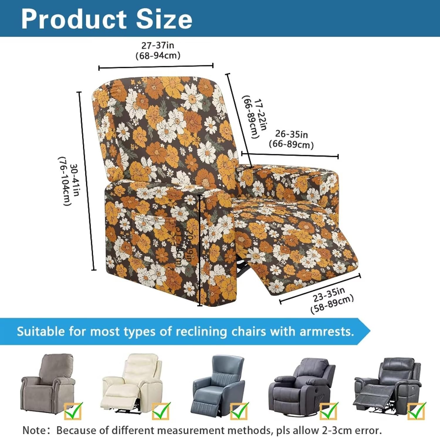 Daisy Flower Recliner Slipcovers Stretch Recliner Chair Cover 4-Pieces Chair Covers Non Slip Reclining Furniture Protector Couch Cover 1 Seat Sofa Recliner Protector