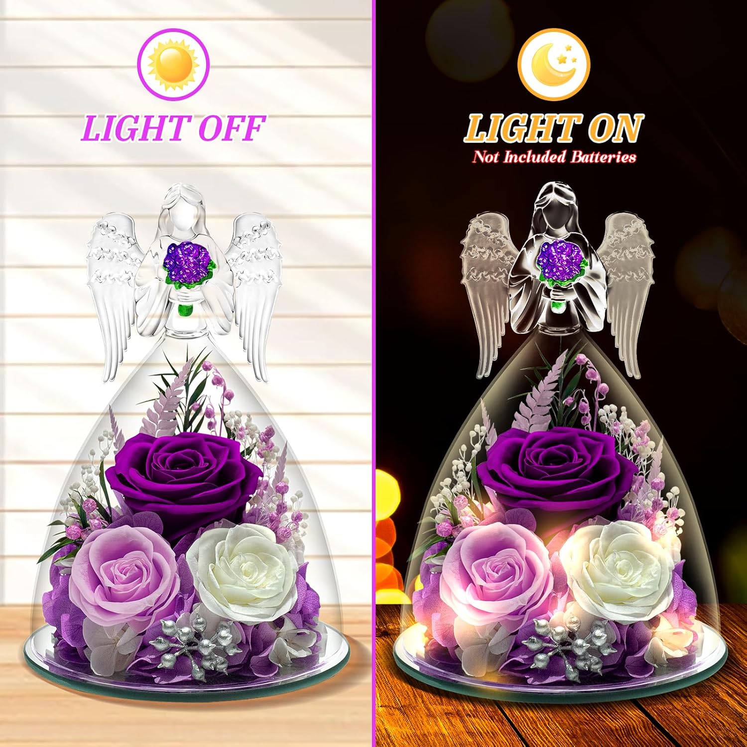 Preserved Roses in Glass Angle Figurines - Forever Flowers Gift for Women - Birthday, Valentine's Day, Eternal Roses for Grandma, Daughter,Girlfriend,Flowers for Delivery(Purple)