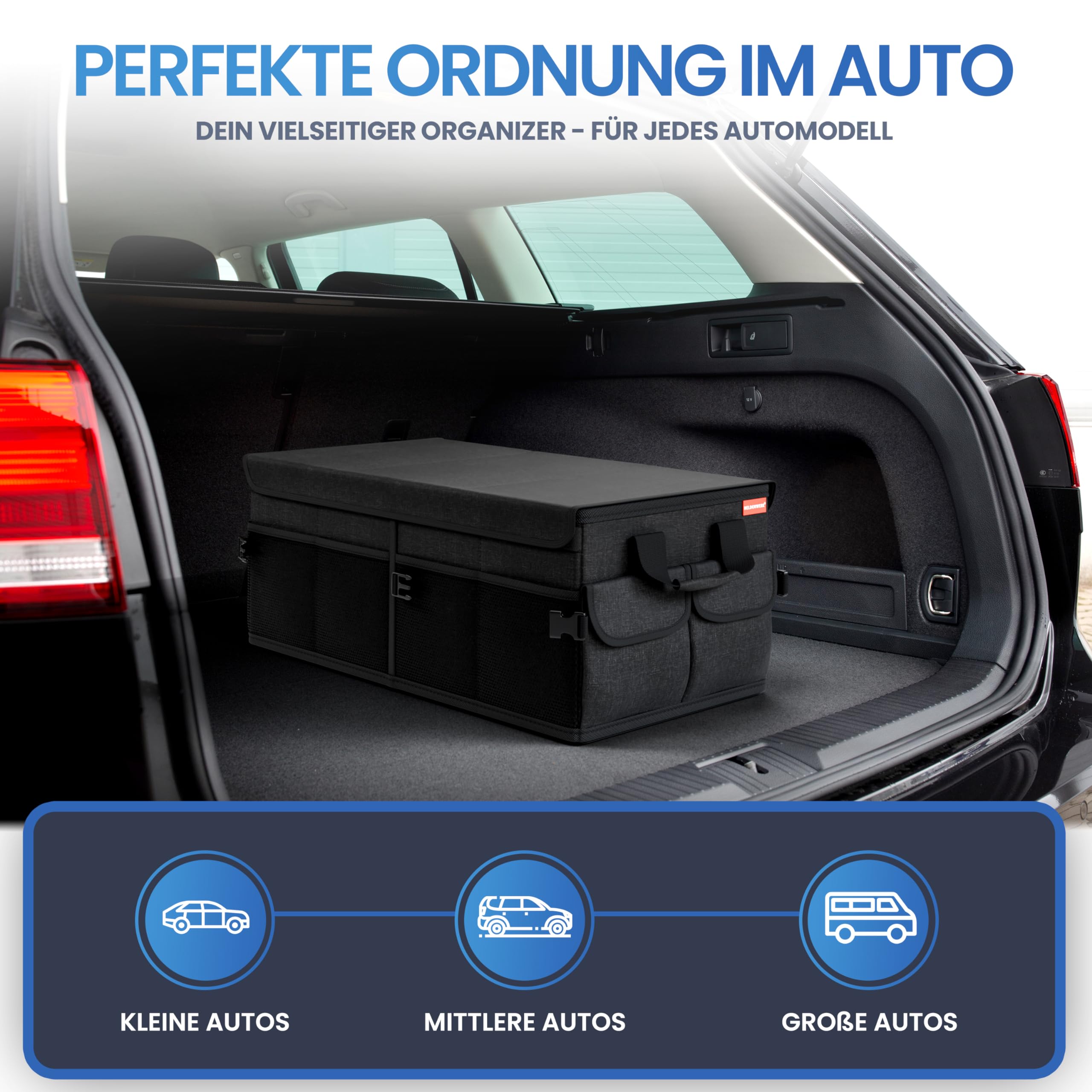 HELDENWERK Premium Kofferraum-Organizer mit Deckel stabil rutschfest faltbare Auto Kofferraumtasche groß doppelten Böden Kofferraumbox