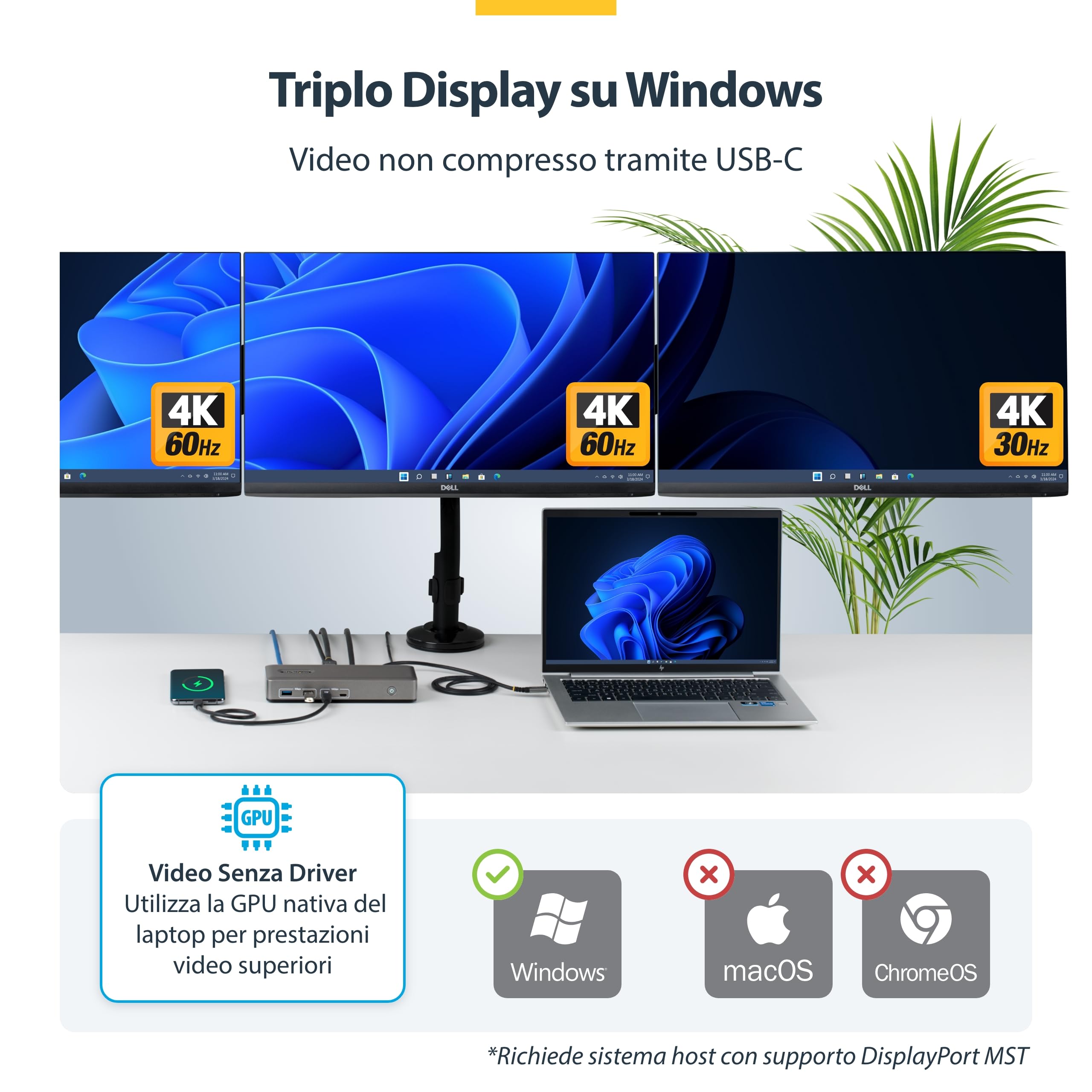 StarTech Dock USB-C Driverless Triplo 4K Windows, DP e HDMI, 100W, 1GbE | Ideale per laptop Windows, Triplo monitor, Power Delivery, Ricarica del notebook