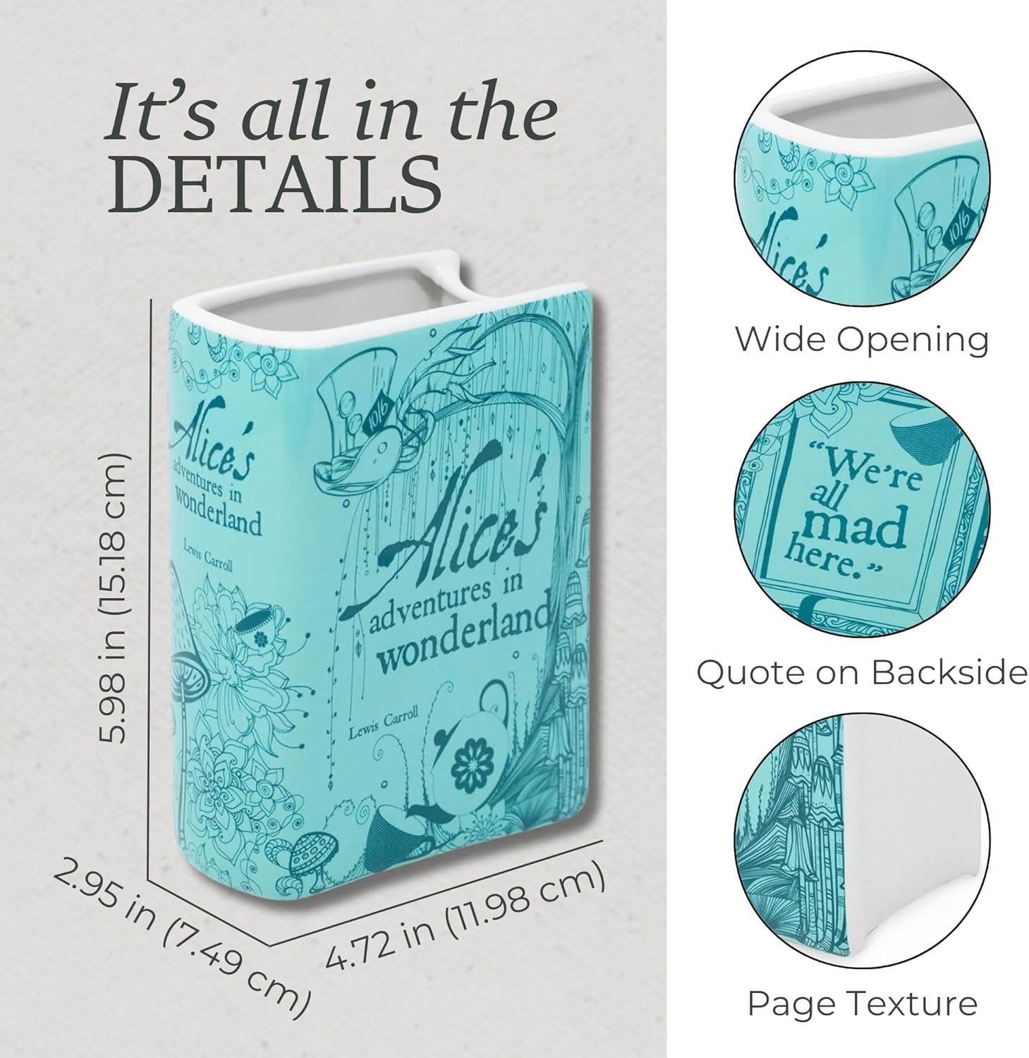 Steel Mill & Co Original Book-Shaped Decorative Vase, Ceramic Vases for Home Decor, Cute Bookshelf Decor, Unique Vase for Book Lovers (Small - Alice's Adventures in Wonderland, Blue) - Image 5