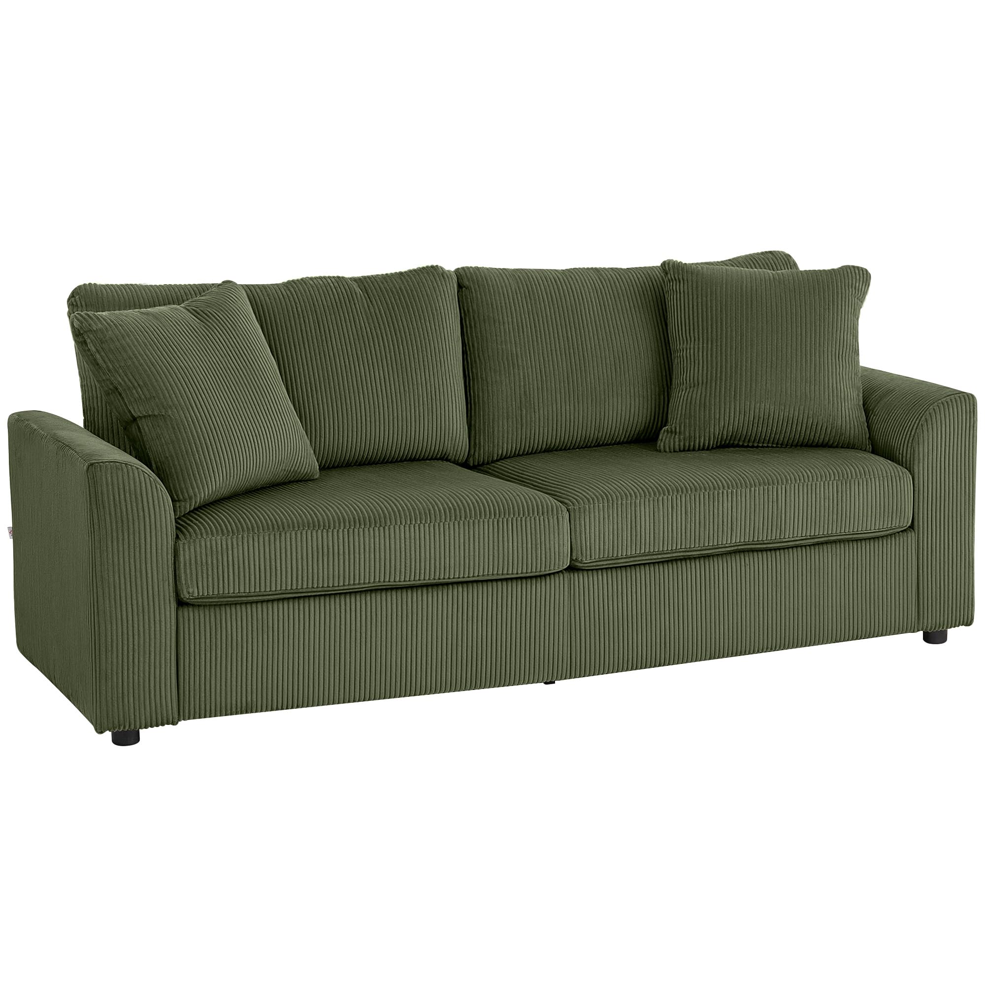 HOMCOM Sofá de 3 Plazas Sofá de Salón 212x80x88 cm Tapizado en Pana con 2 Almohadas Reposabrazos y Cojín de Muelles Diseño Moderno para Sala de Estar Dormitorio Verde