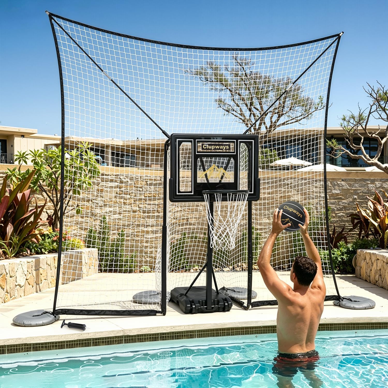 Pool Basketball Hoop with Backstop Height Adjustable Poolside Basketball Hoop for Pool with 10x8 FT Ball Backstop, Water Weighted Base | Includes a Ball & Pump | 12-Month Warranty