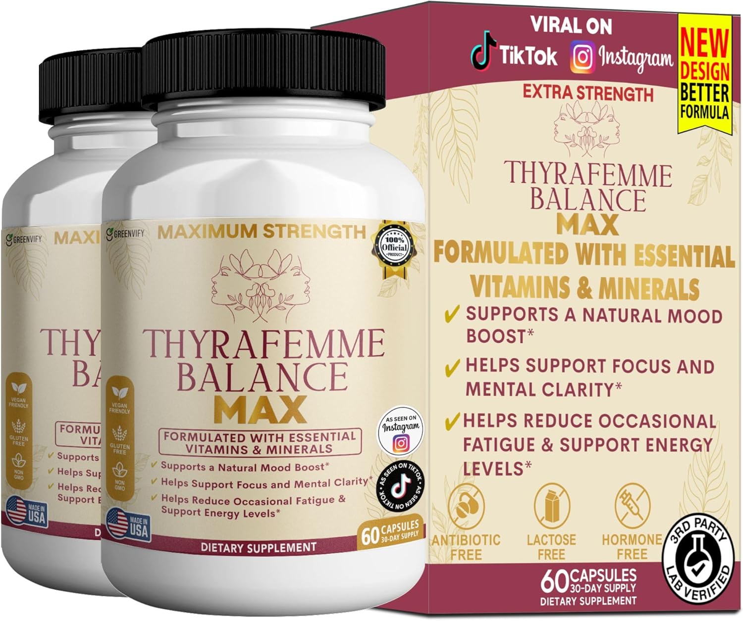 Thyrafemme Balance Max, Mood and Energy Support Supplement, 60 Capsules, 30-Day Supply, with B-Complex Vitamins (5)