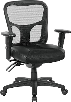 Office Star ProGrid Breathable High Back Managers Chair with Leather and Mesh Seat, Adjustable Height and Arms, Dual Function Control, and 360 Degree Swivel, Black