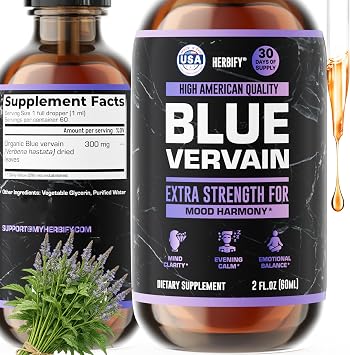 HERBIFY Blue Vervain Drops Verbena Tincture Vervain Supplement for Mood & Balance Vervain Liquid Extract Verbena Hastata 30 Days Supply 2 Fl Oz Made in USA