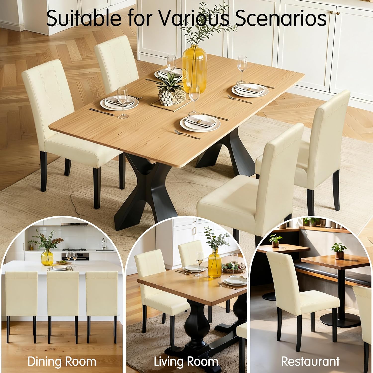 Dining Chairs Set of 4, Modern Dining Room Chair, Leather Upholstered Parsons Side Chairs with Solid Wood Legs for Kitchen/Living Room/Restaurant - White