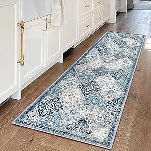 KILOCOCO 2x6 Runner Rug, Moroccan Super Soft Washable Hallway Entryway Runner Rug, Accent Print Faux Wool Kitchen Runner Rug 6 Feet Non-Slip Boho Rug Runners for Laundry Room Bedroom, Blue/Multi