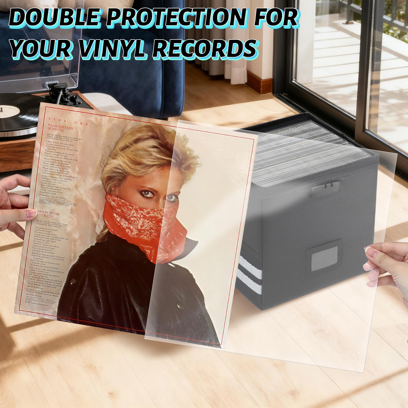 Almacenamiento de discos de vinilo con 100 fundas para discos, caja organizadora de discos ignífuga y resistente al agua con cerradura, fundas transparentes de vinilo sin arrugas, kits de protección