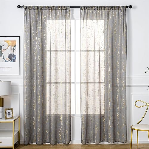 Miniatura 7 de Deeprove Cortinas Semitransparentes Grises de 63 pulgadas de Largo 2 Paneles, Estampado de Lámina Dorada de Rama de Árbol Metálico para Dormitorio