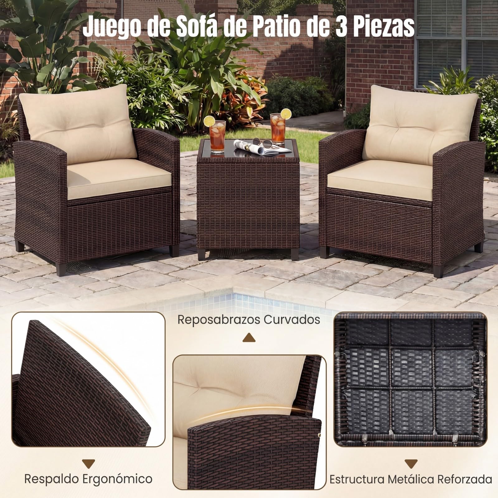 COSTWAY Conjunto Jardin Exterior de Ratán 3 Piezas, 1 Mesa Auxiliar de Vidrio Templado y 2 Sillas con Cojines, Muebles Jardin Terraza Balcon Exterior (Brown)