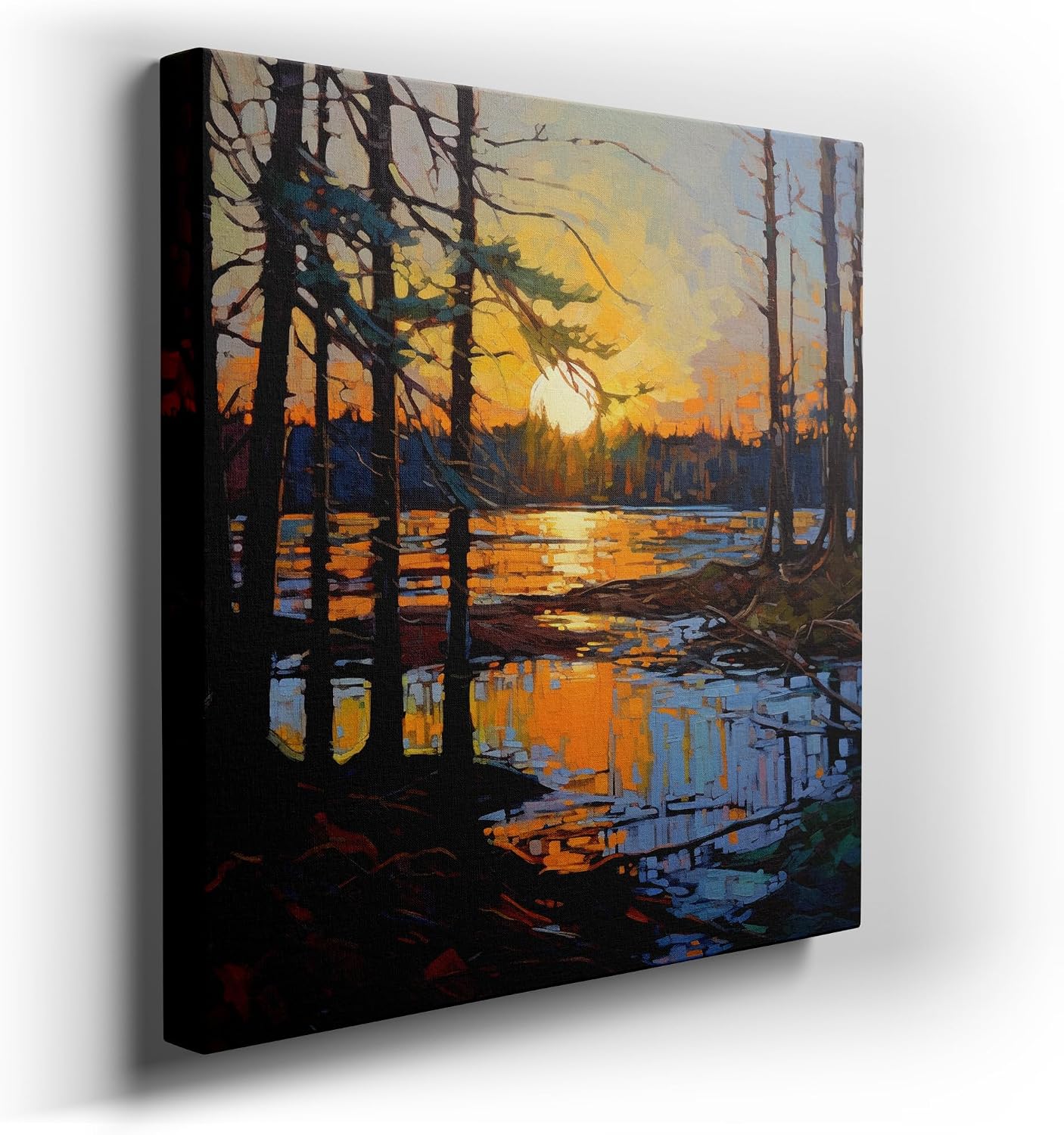 Canvas for Living room. Tranquil Wilderness at Dusk: A Painting of Serenity in Sun's Embrace, 27 x 18 inch Canvas Wall Art - Contemporary Masterpieces - Modern Home Decor