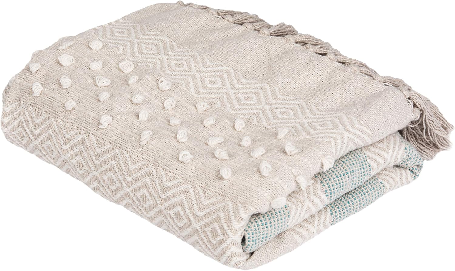 SAFAVIEH Home Billi Whimsy Beige and Teal Fringe Throw Blanket, Beige/Teal, 50" x 60"