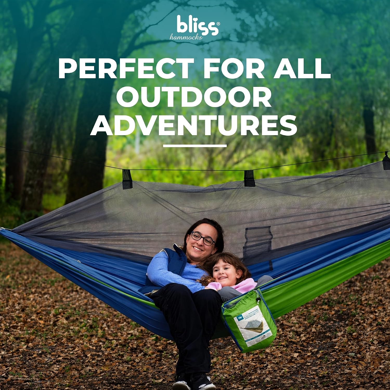 Bliss Hammocks BH-406XLS-N-MM Hammock in a Bag w/ Mosquito Net & Adjustable Tree Straps, 54-in. Wide, Weather & UV Resistant, 350 Lb. Capacity (Mermaid)
