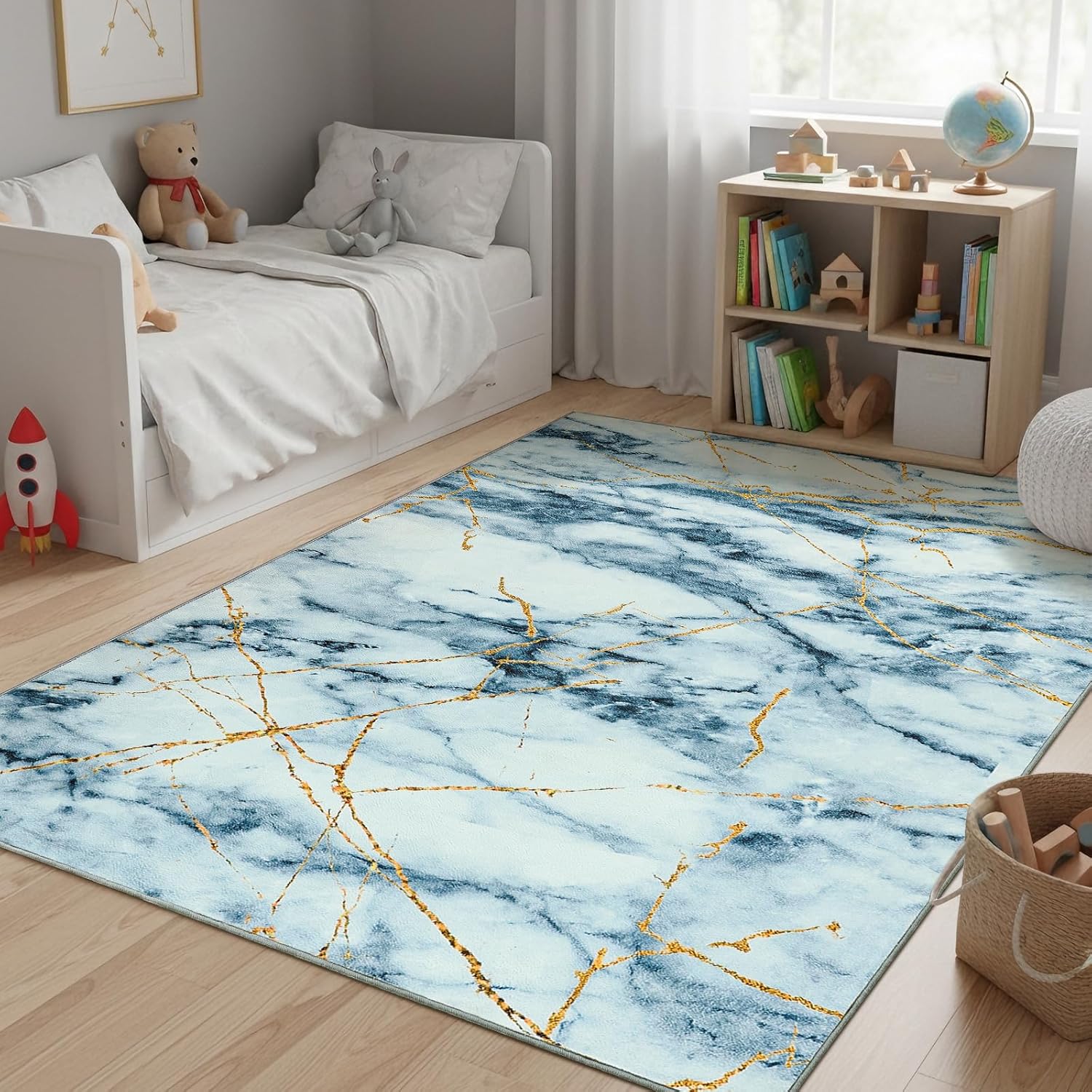 Area Rugs for Living Room, Abstract Washable 5x7 Rug for Dining Room Bedroom, Modern Non Slip Carpet Indoor Nursery Home Office,Silver Blue