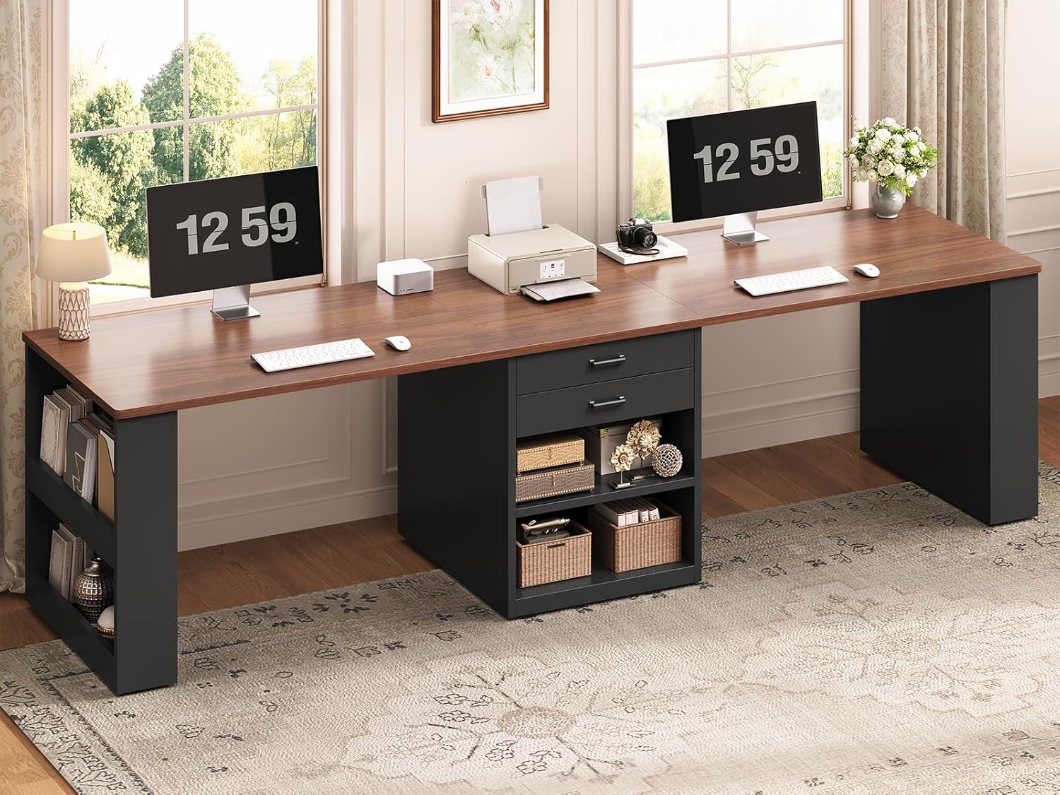 SEDETA 90.5" 2 Person Computer Desk, Long Office Desk with Storage Drawers, Two Person Gaming Desk Writing Table with Storage for Home Office, Black