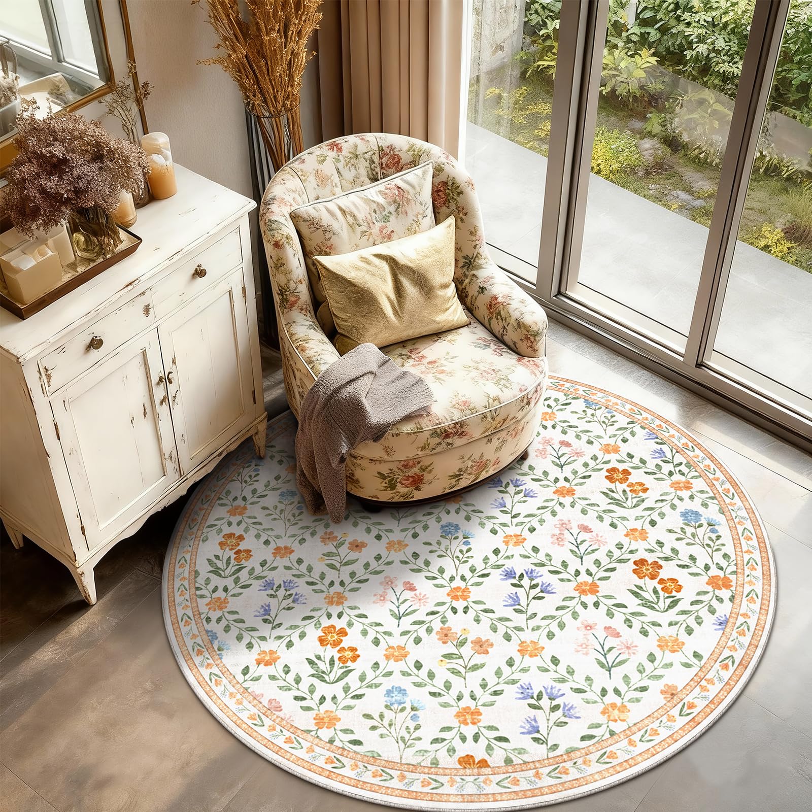 XSIVOD Floral Round Washable Rugs Living room, 160x160cm, Beige/Lattice