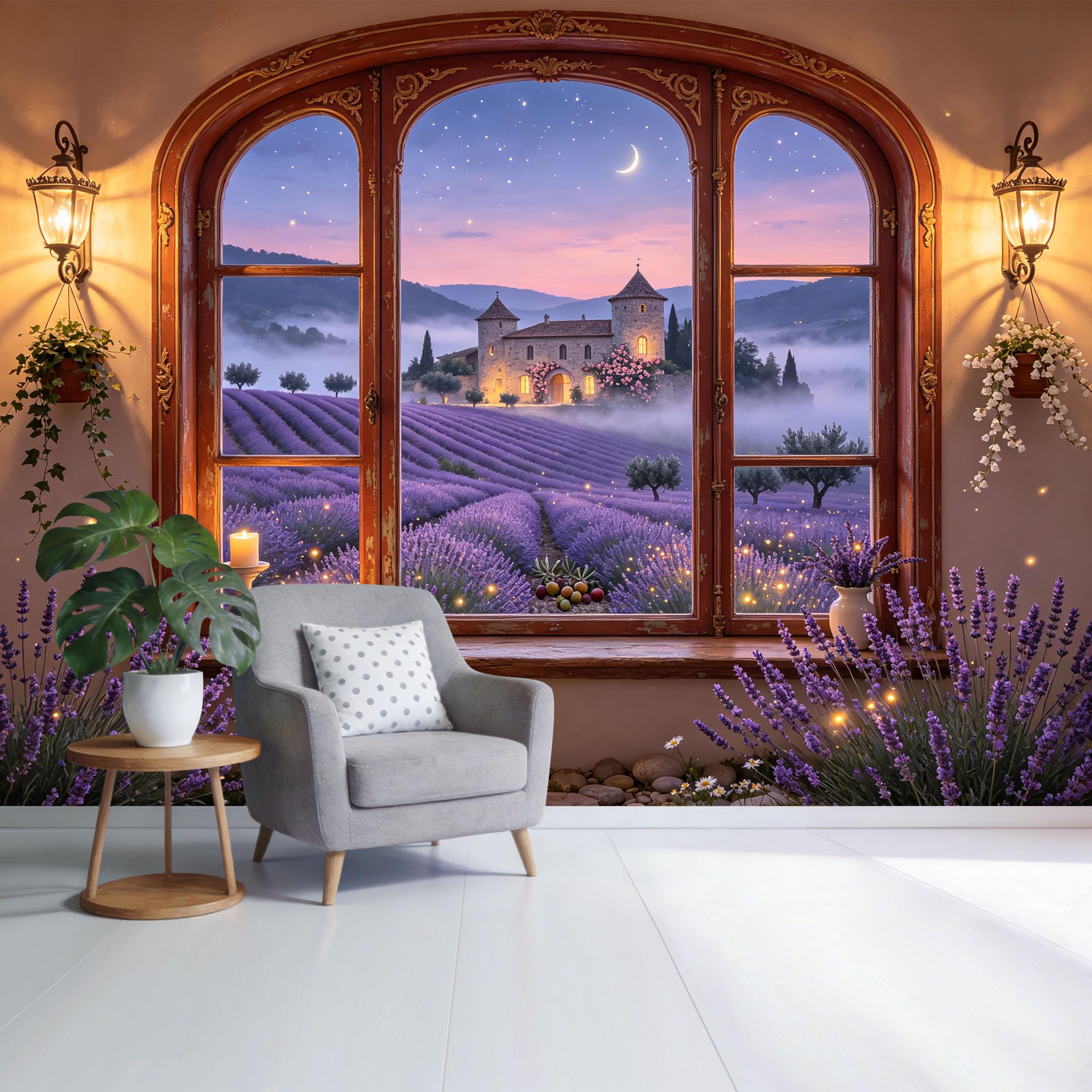 Custom Size Wall Mural French Provence Lavender Field Night Landscape Trompe L'Oeil Window Removable Self Adhesive Fabric Home Wall Decor for Living Room Bedroom Bathroom