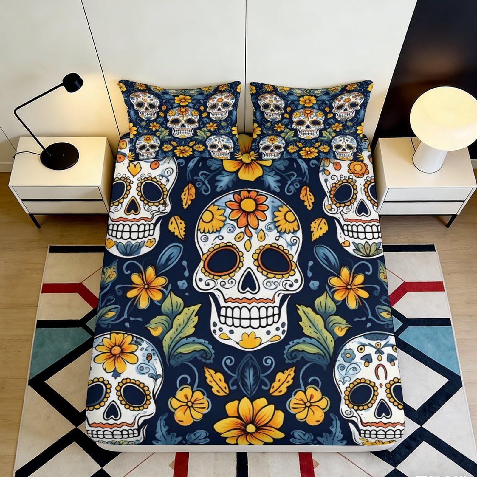 3D Printed Sugar Skull Floral Fitted Sheet Microfiber Anti-Slip Mattress Cover for Bedroom Dorm Guest Room Decor Protection 120x200x25cm