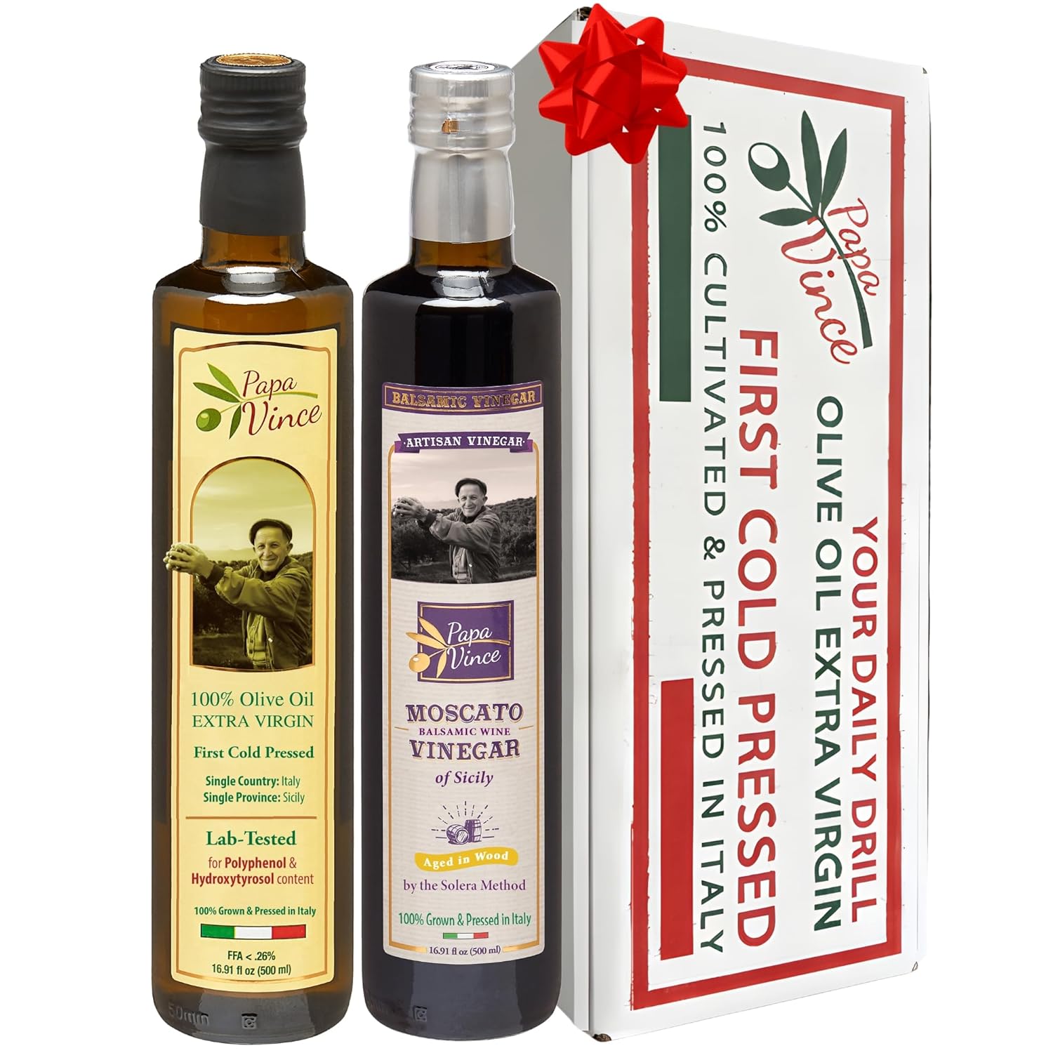 Papa Vince Extra Virgin Olive Oil & Balsamic Set - EVOO First Cold Pressed Dec 2023/24, Balsamic Vinager Aged 8-years in wood made by our family in Sicily, Italy - 16.91 oz each
